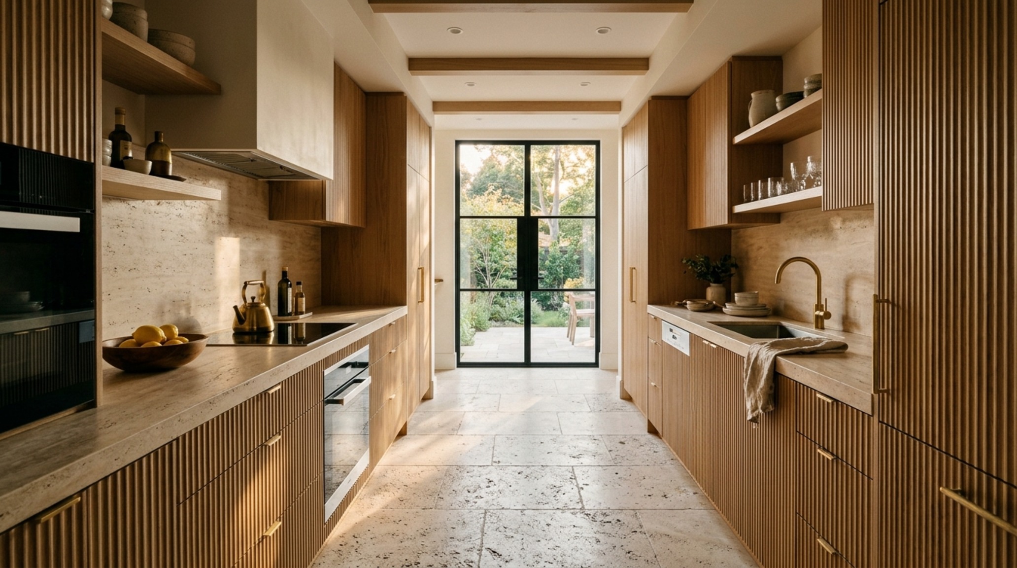 Galley kitchen spatial flow showing a high-end corridor layout with fluted white oak cabinetry, honed travertine floors, and a floor-to-ceiling window for natural light.