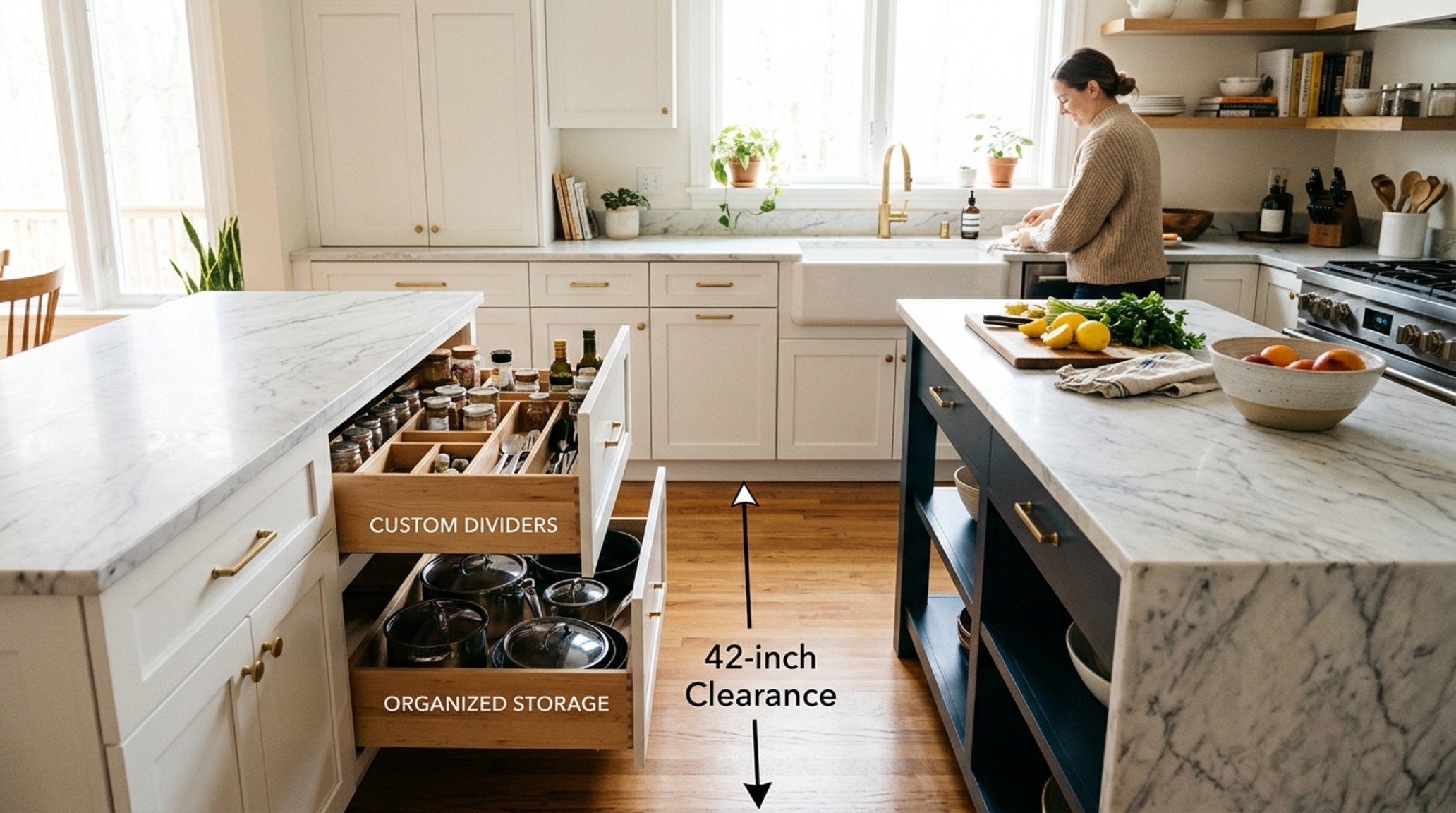 Ergonomic kitchen design rules visualized with precise 36-inch counter heights, wide circulation paths, and custom pull-out pantry storage for accessibility.