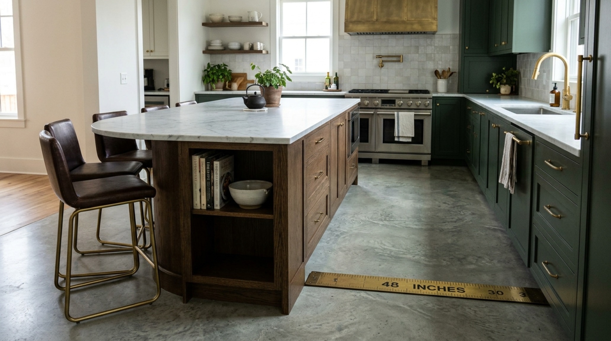 Island vs peninsula clearance example in a modern kitchen with a curved waterfall edge island, aged brass stools, and directional task lighting.