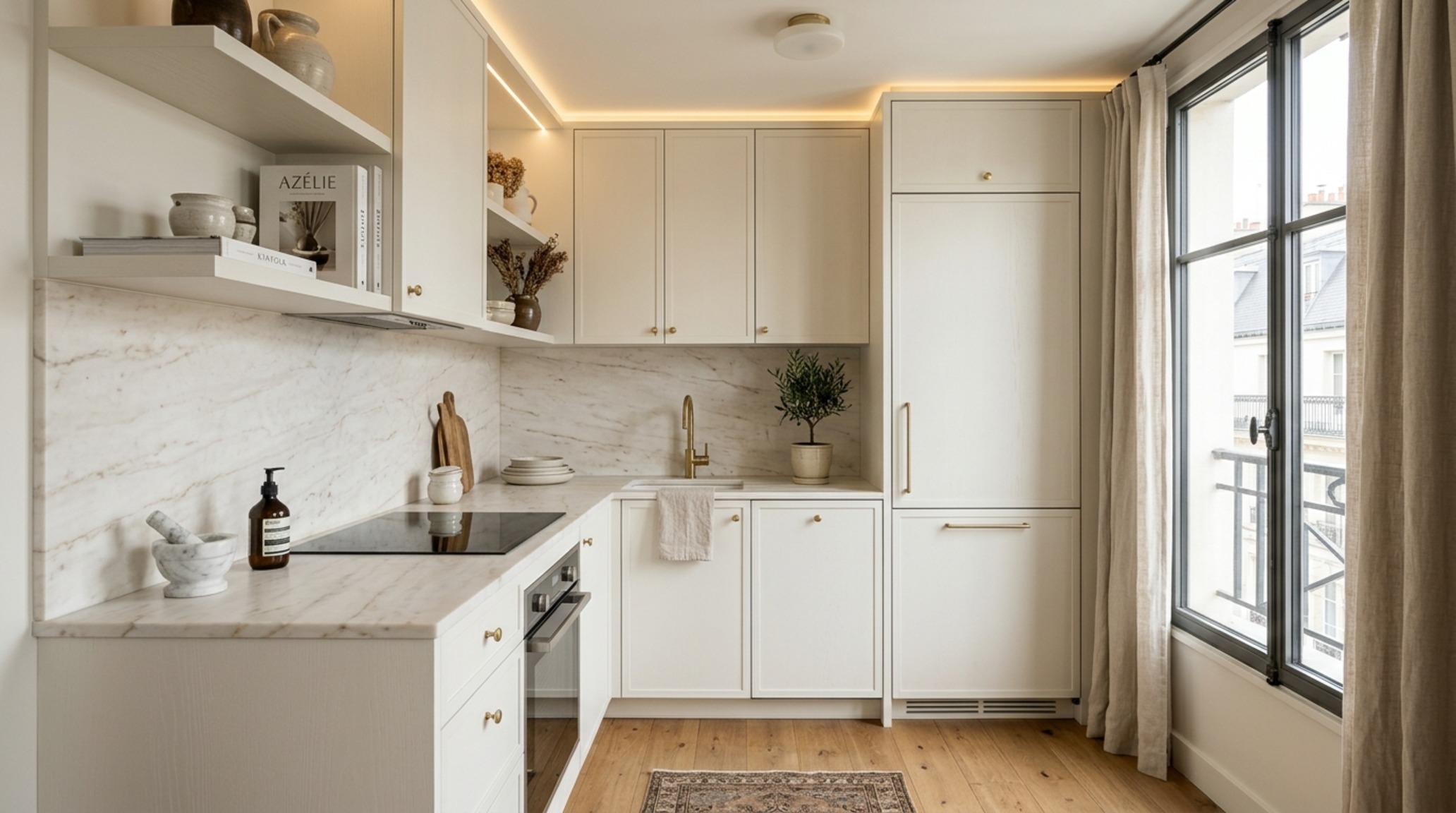 Small kitchen layout dimensions optimized with monochromatic Swiss Coffee paint, skinny shaker cabinets, and integrated appliances for a seamless look.