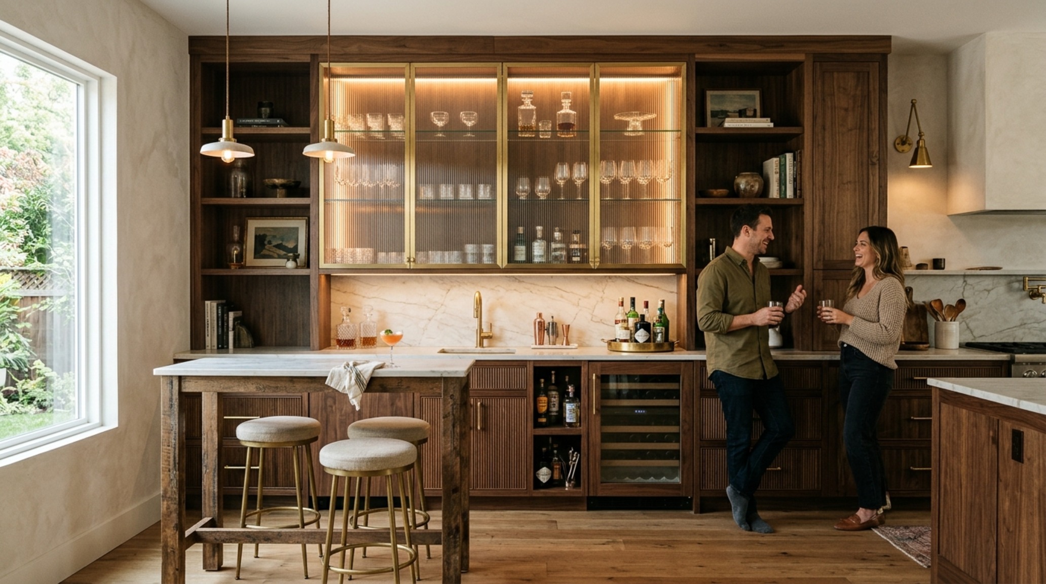 Kitchen work triangle vs zones highlight with a dedicated beverage center and social seating area separated from the main cooking zone.