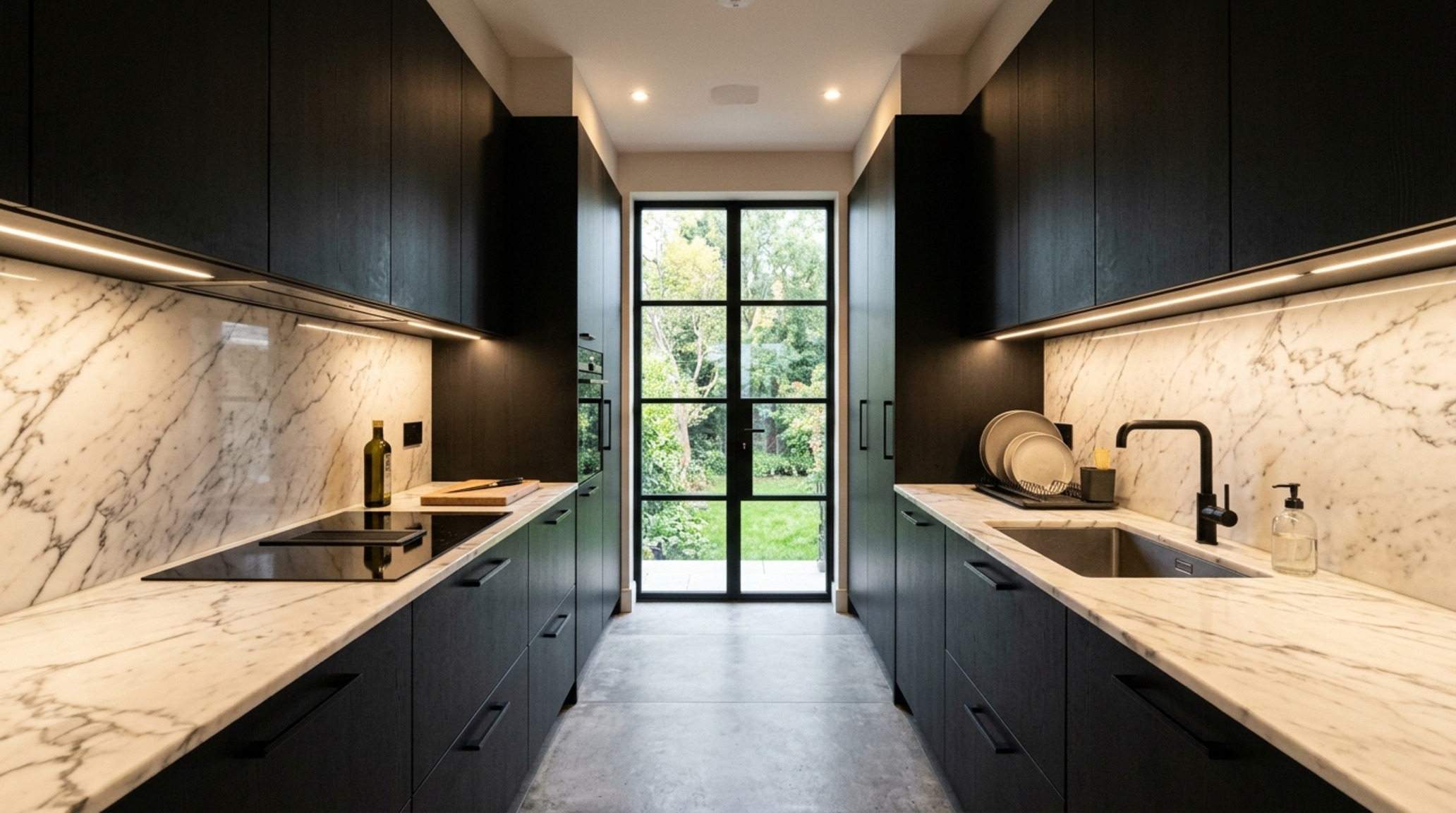 Galley kitchen spatial flow in a luxury urban apartment featuring dark charcoal cabinetry, high-CRI under-cabinet lighting, and stainless steel accents.