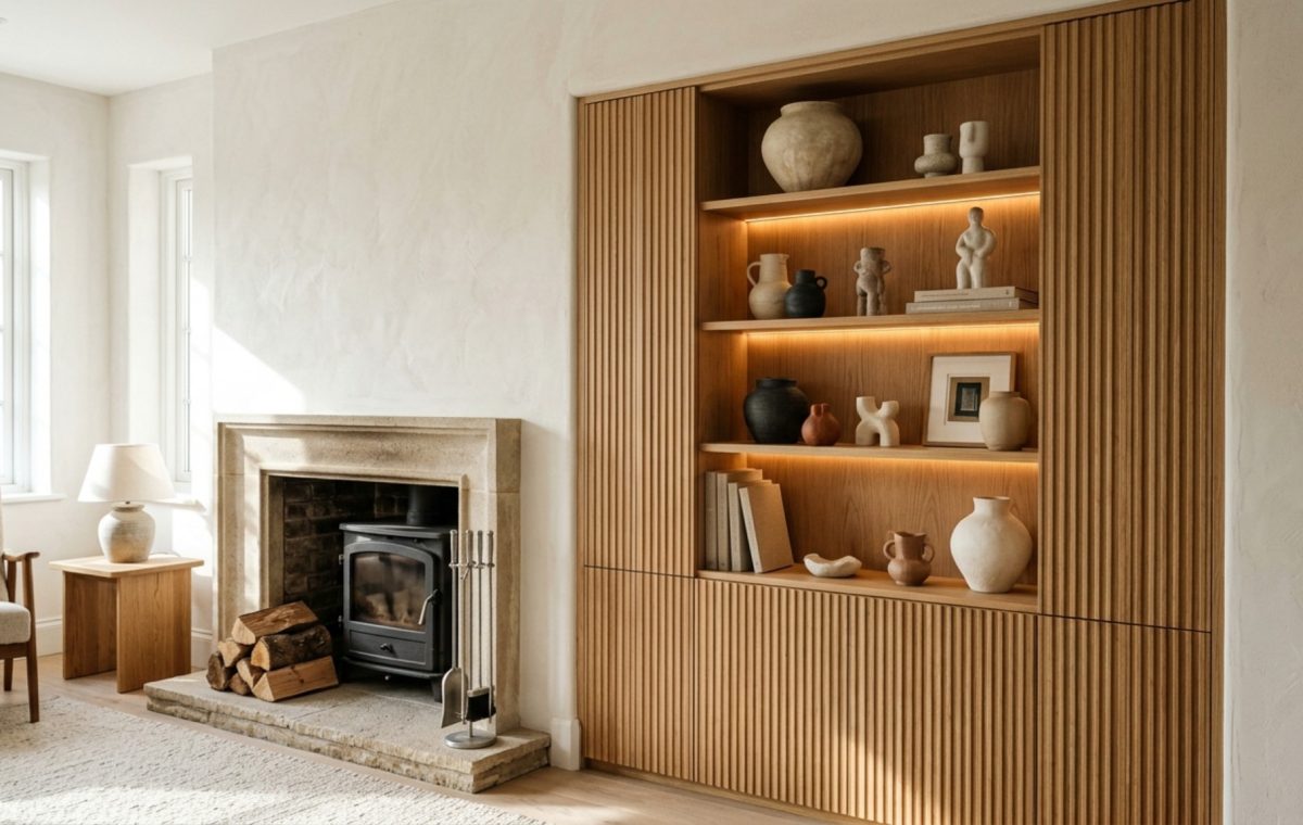 bespoke alcove shelving integrated into a fireplace niche with fluted oak details and warm 2700K recessed lighting