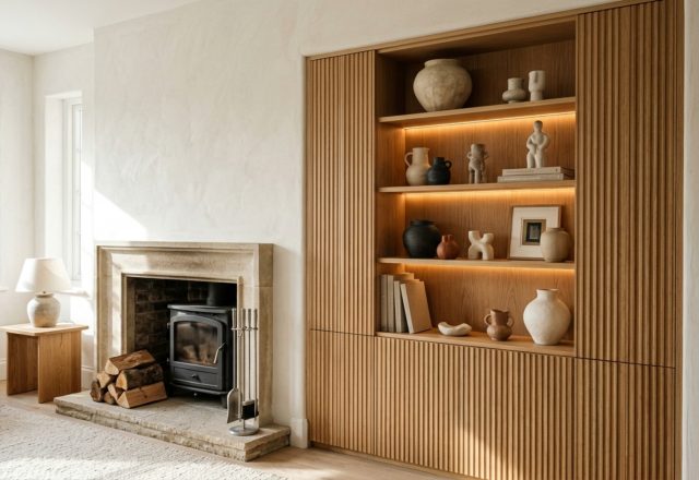 bespoke alcove shelving integrated into a fireplace niche with fluted oak details and warm 2700K recessed lighting