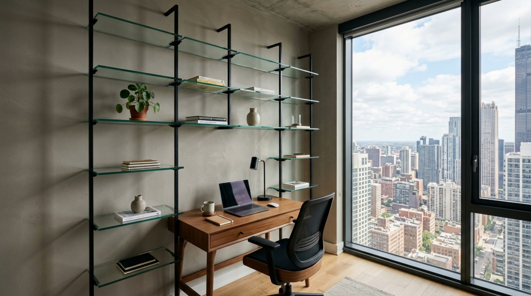 small space shelving ideas with transparent acrylic shelves and slim metal supports to maintain open sightlines