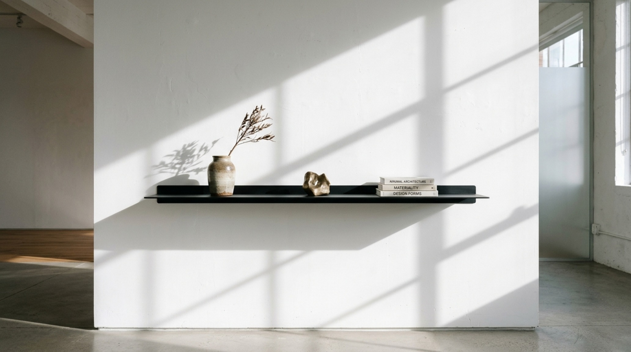 minimalist display ideas highlighting the shadow play of an invisible-mount blackened steel floating shelf
