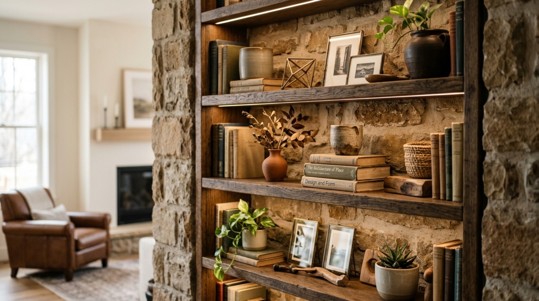 decorative bookshelf arrangement utilizing horizontal stacks as pedestals for architectural objects