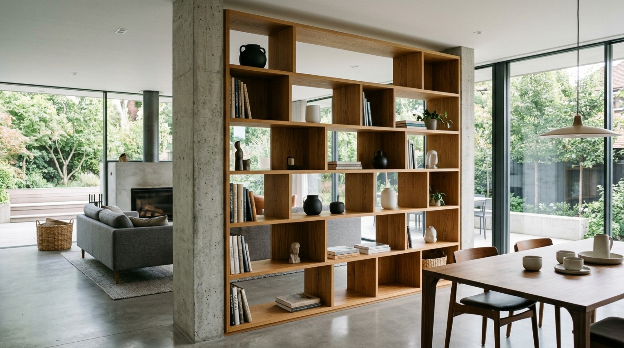 bespoke alcove shelving wrapped around a corner to create a continuous architectural line in a modern study