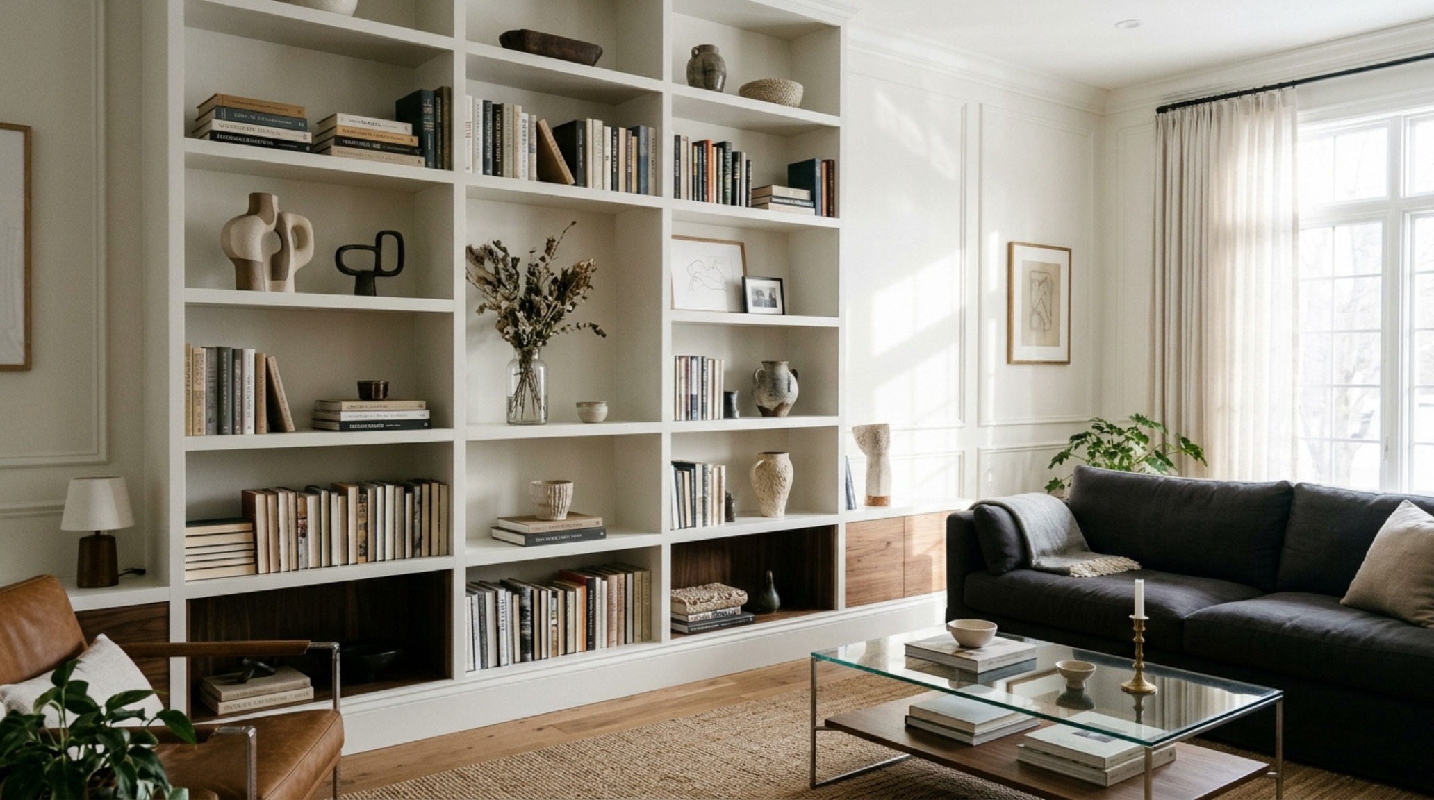 living room shelf styling with a mix of ceramic vessels and vintage books using the zig-zag method for visual balance