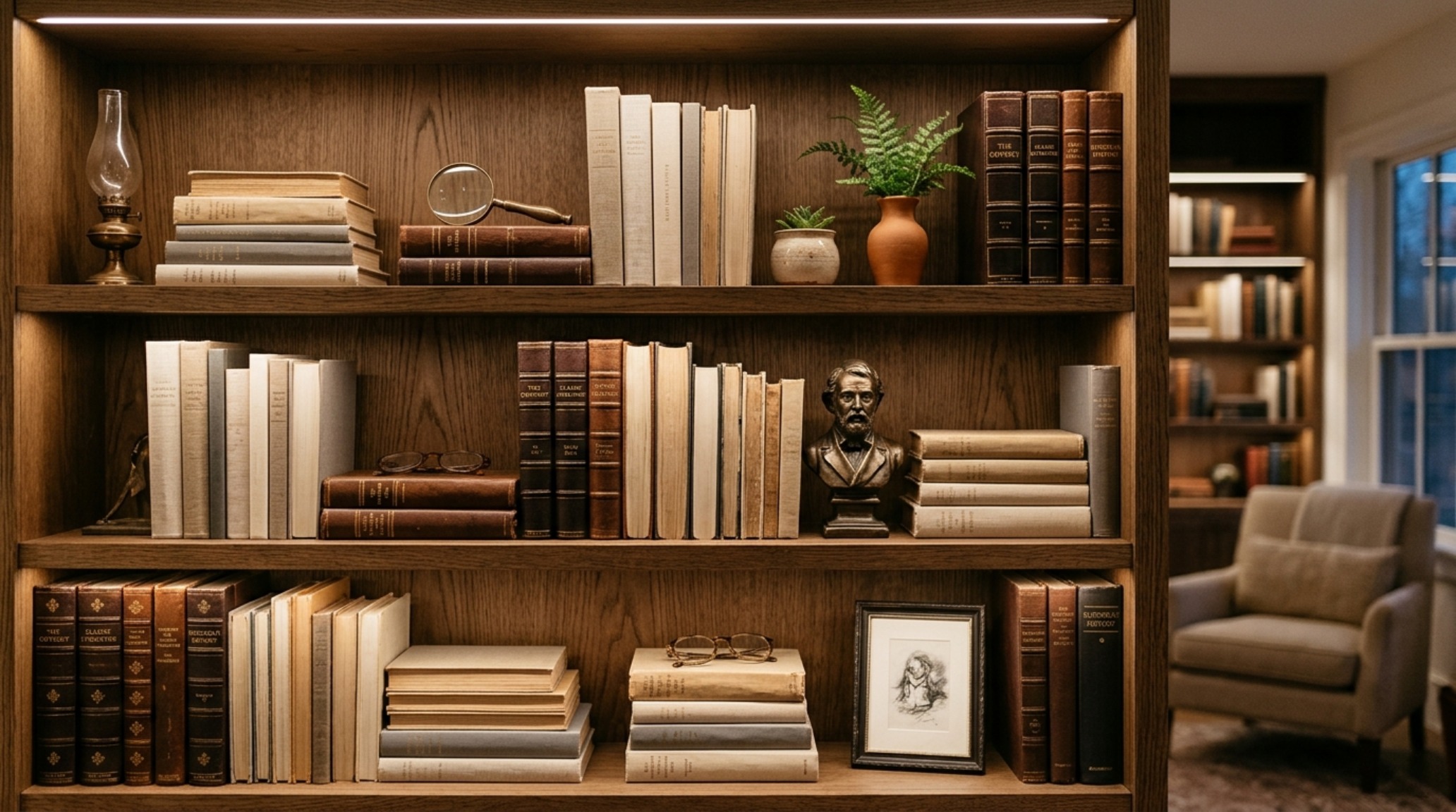 decorative bookshelf arrangement with books organized by tone and interspersed with negative space for a curated look