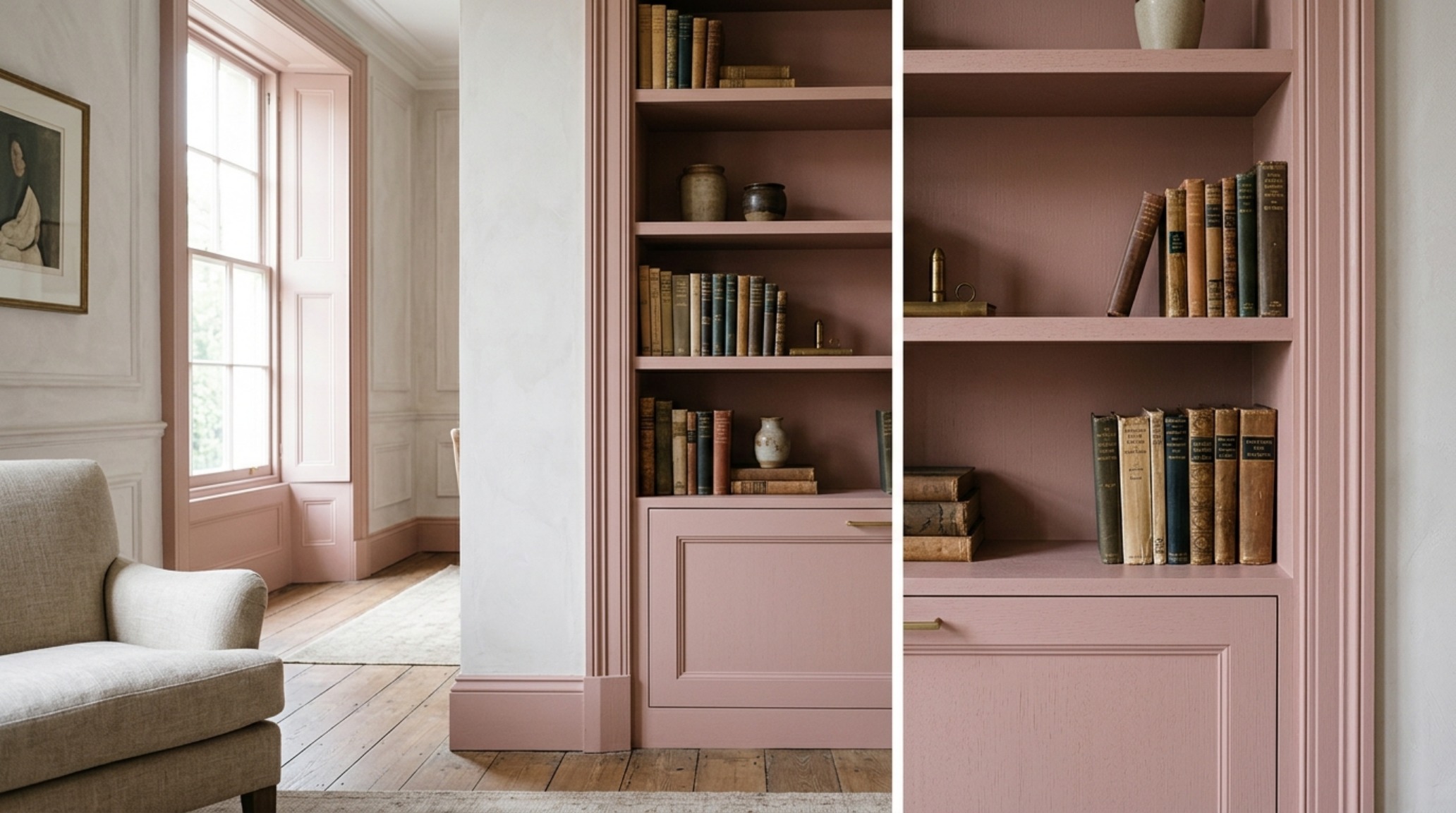 bespoke alcove shelving painted in Farrow and Ball Setting Plaster with seamless flush-mount installation