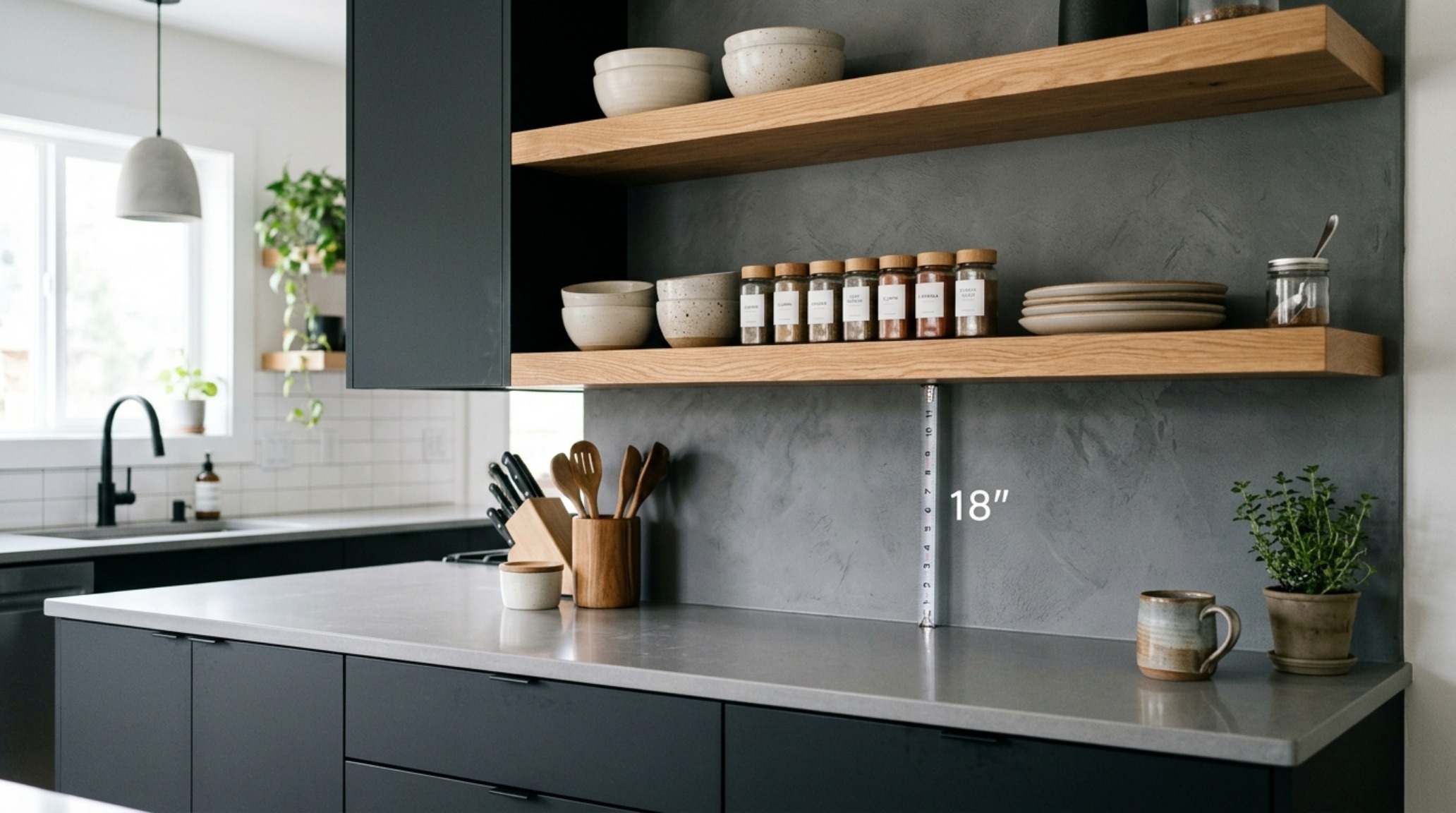 kitchen wall storage systems with 18-inch clearance and varying shelf depths for ergonomic accessibility