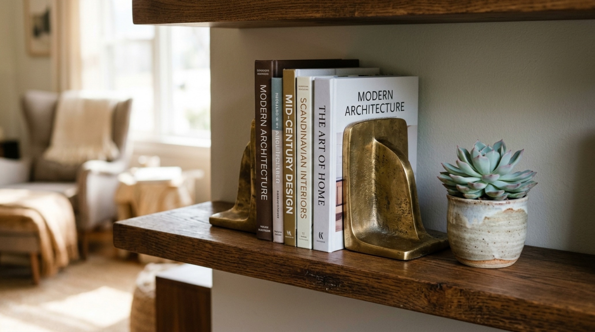 living room shelf styling featuring high CRI 90 plus lighting and a monochromatic palette for a sophisticated feel