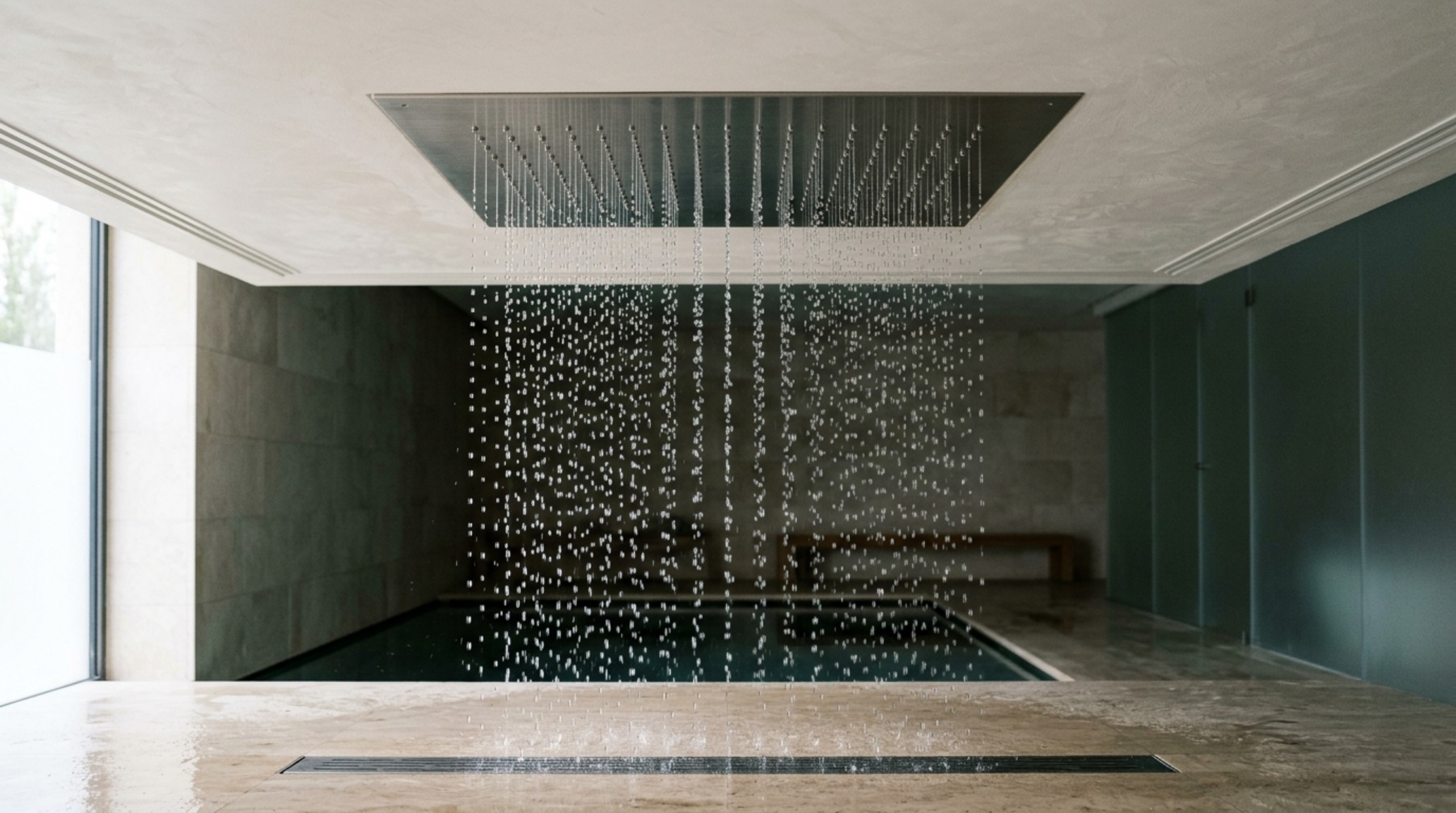 ceiling mounted rain panel recessed into a limestone ceiling with a precision spray pattern and integrated 2700K lighting. ceiling mounted rain panel recessed into a limestone ceiling with a precision spray pattern and integrated 2700K lighting.