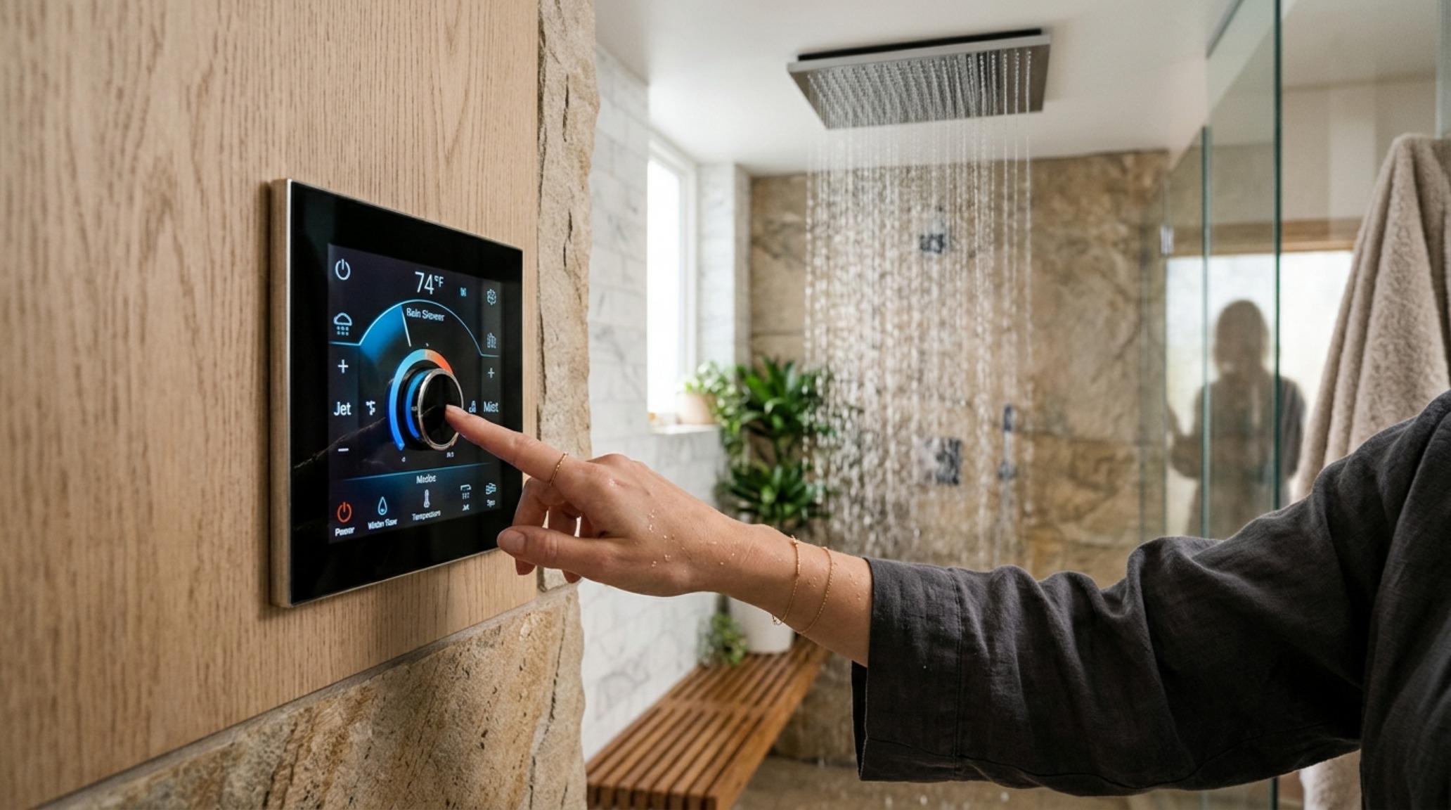 smart shower control technology allowing for customized water sequences in a modern home spa with wood and stone textures. smart shower control technology allowing for customized water sequences in a modern home spa with wood and stone textures.