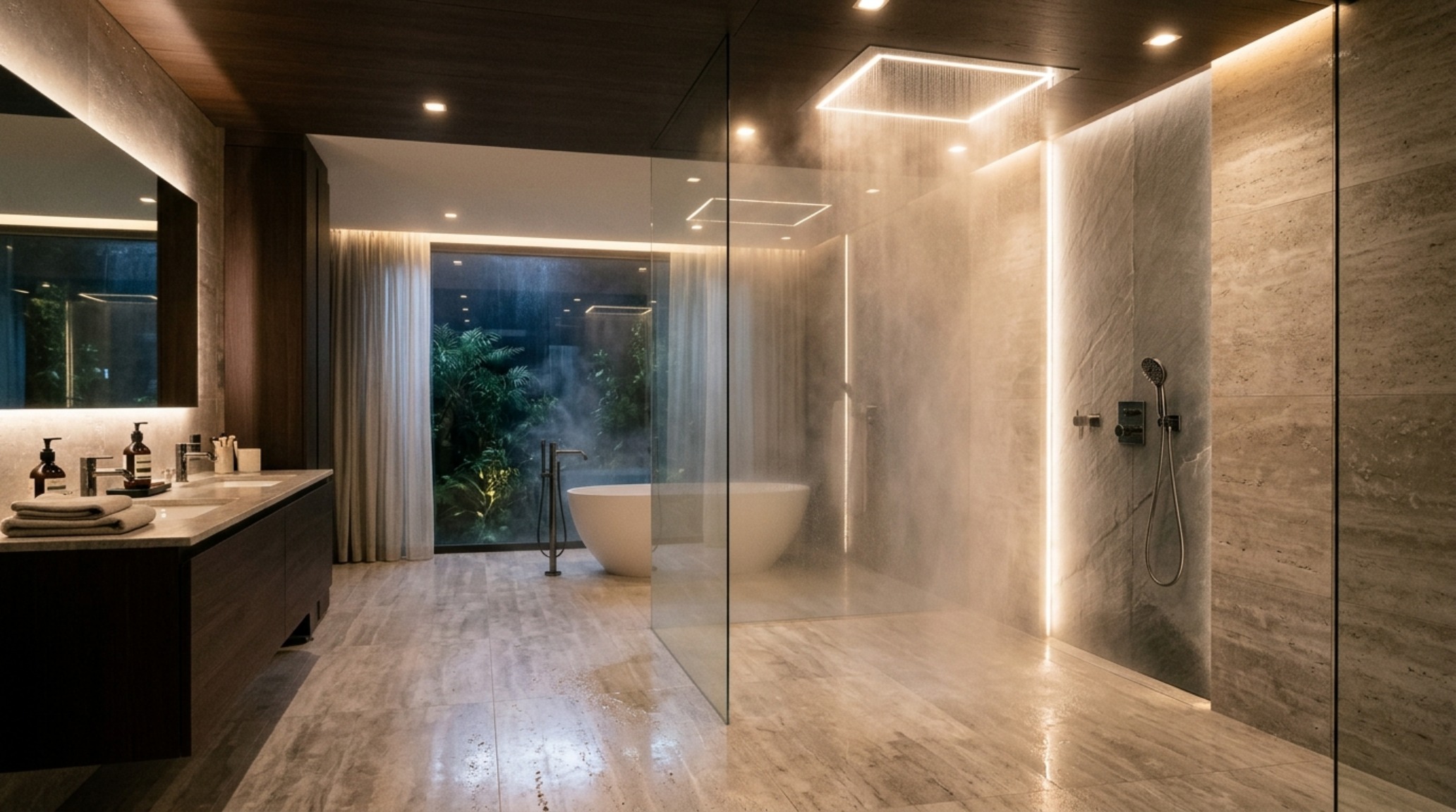 Dornbracht Serenity Sky installation featuring the mist flow mode in a large-format travertine wet room with floor-to-ceiling glass. Dornbracht Serenity Sky installation featuring the mist flow mode in a large-format travertine wet room with floor-to-ceiling glass.