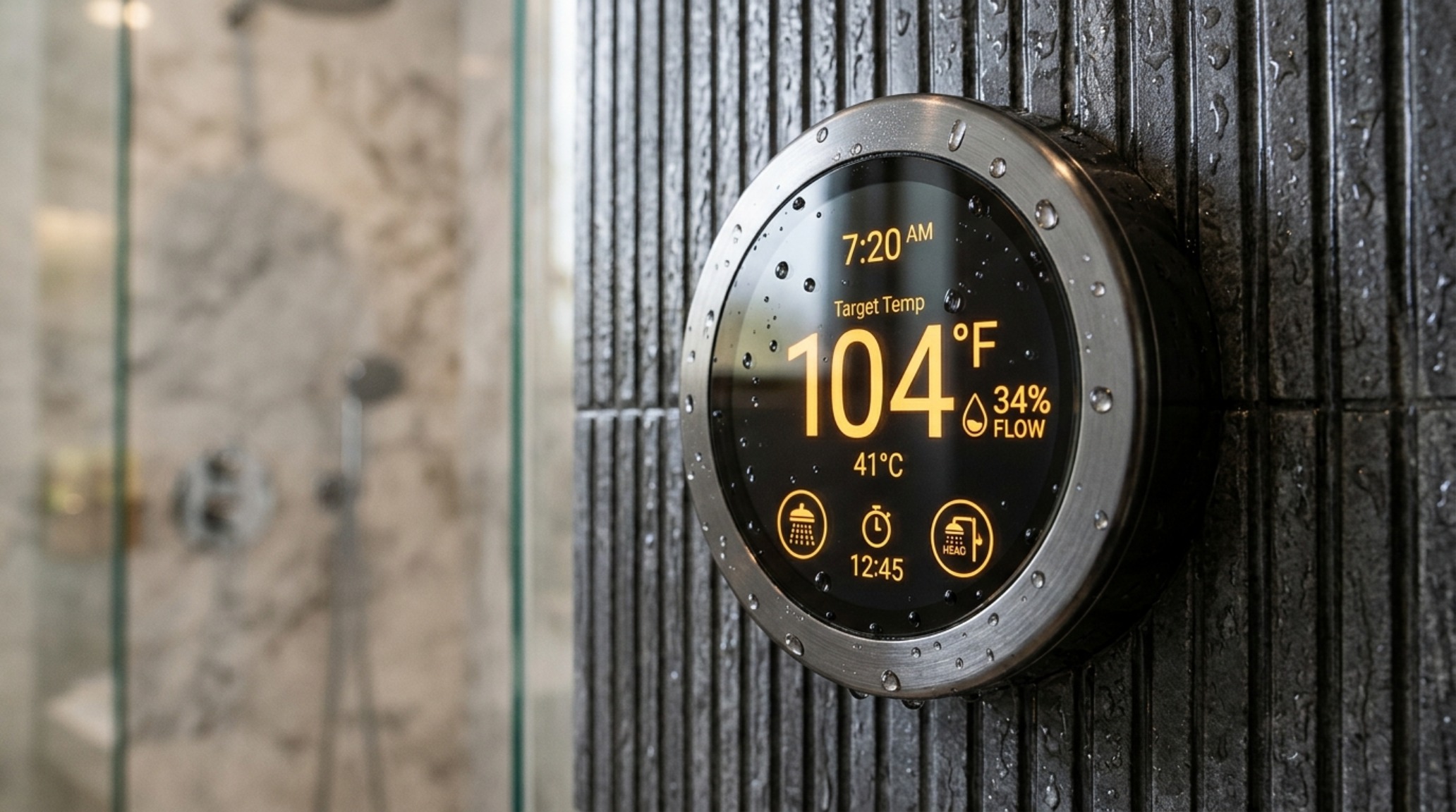 smart shower control technology with a minimalist digital interface mounted on a fluted dark marble wall. smart shower control technology with a minimalist digital interface mounted on a fluted dark marble wall.