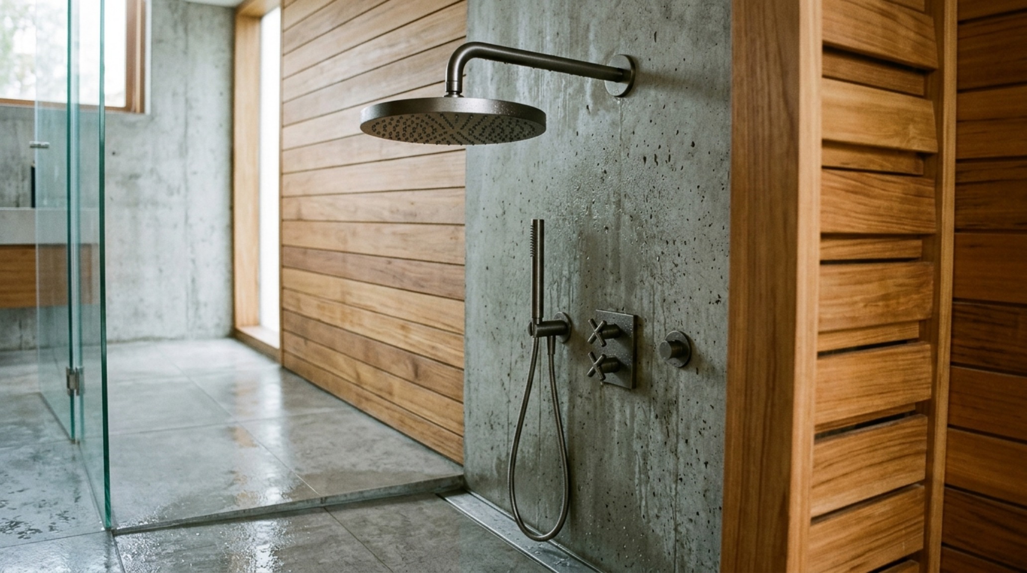 minimalist bathroom fixtures in Brushed Dark Platinum finish paired with a Dornbracht rain shower and a monolithic stone bench. minimalist bathroom fixtures in Brushed Dark Platinum finish paired with a Dornbracht rain shower and a monolithic stone bench.