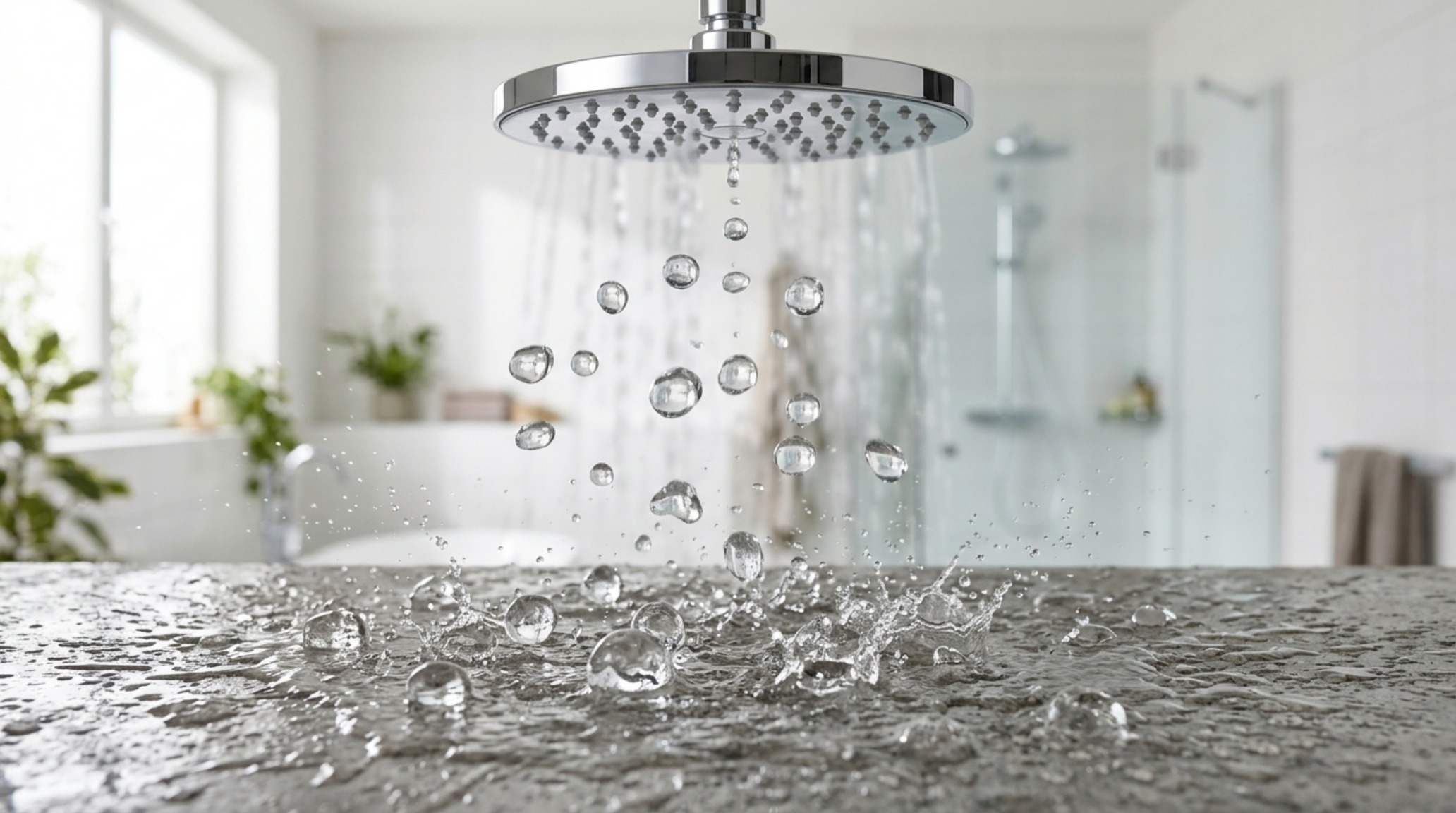 Dornbracht flowreduce technology engineering shown through high-volume droplets in a sustainable luxury bathroom setup. Dornbracht flowreduce technology engineering shown through high-volume droplets in a sustainable luxury bathroom setup.