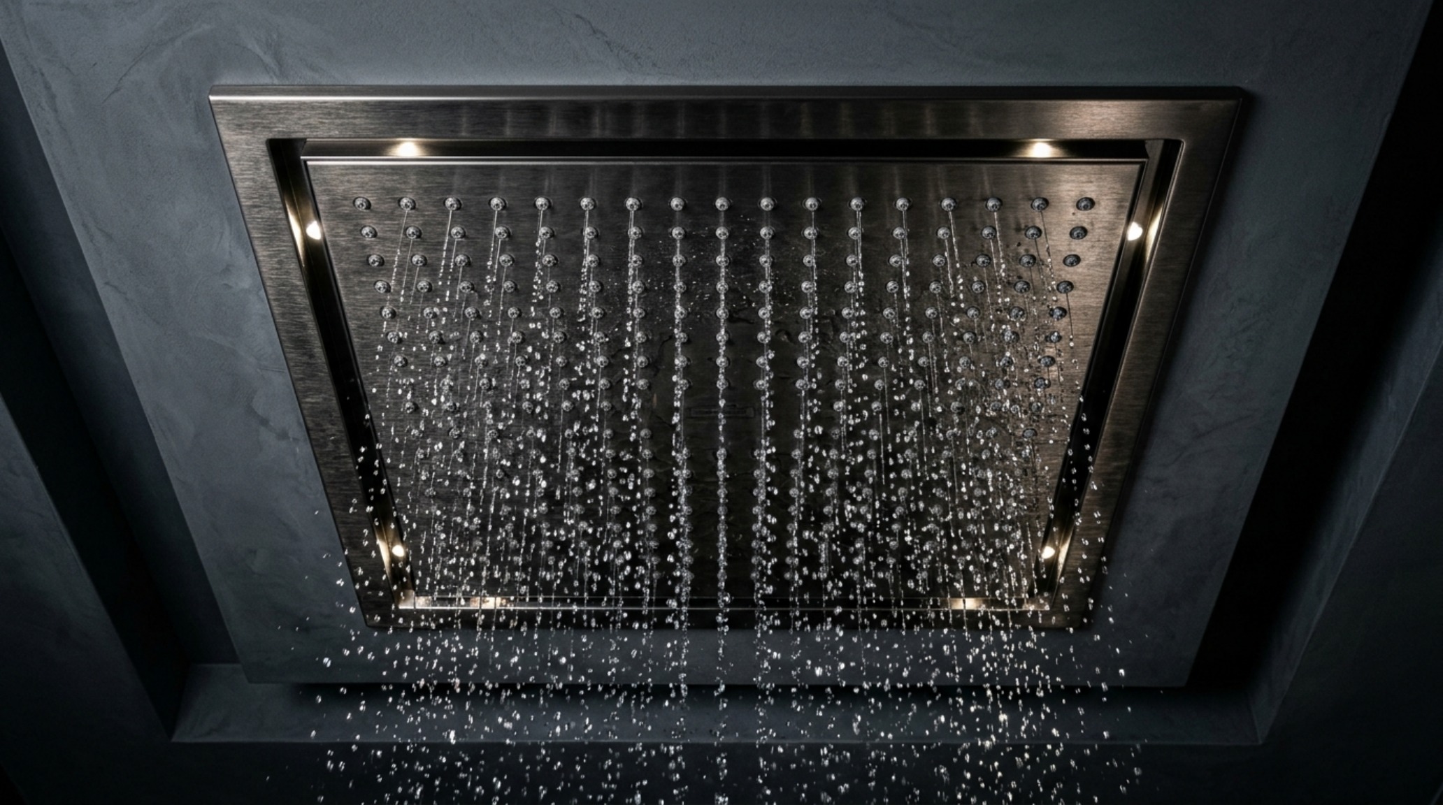 ceiling mounted rain panel showcasing the laminar flow mode cascading onto a honed basalt floor with architectural lighting. ceiling mounted rain panel showcasing the laminar flow mode cascading onto a honed basalt floor with architectural lighting.