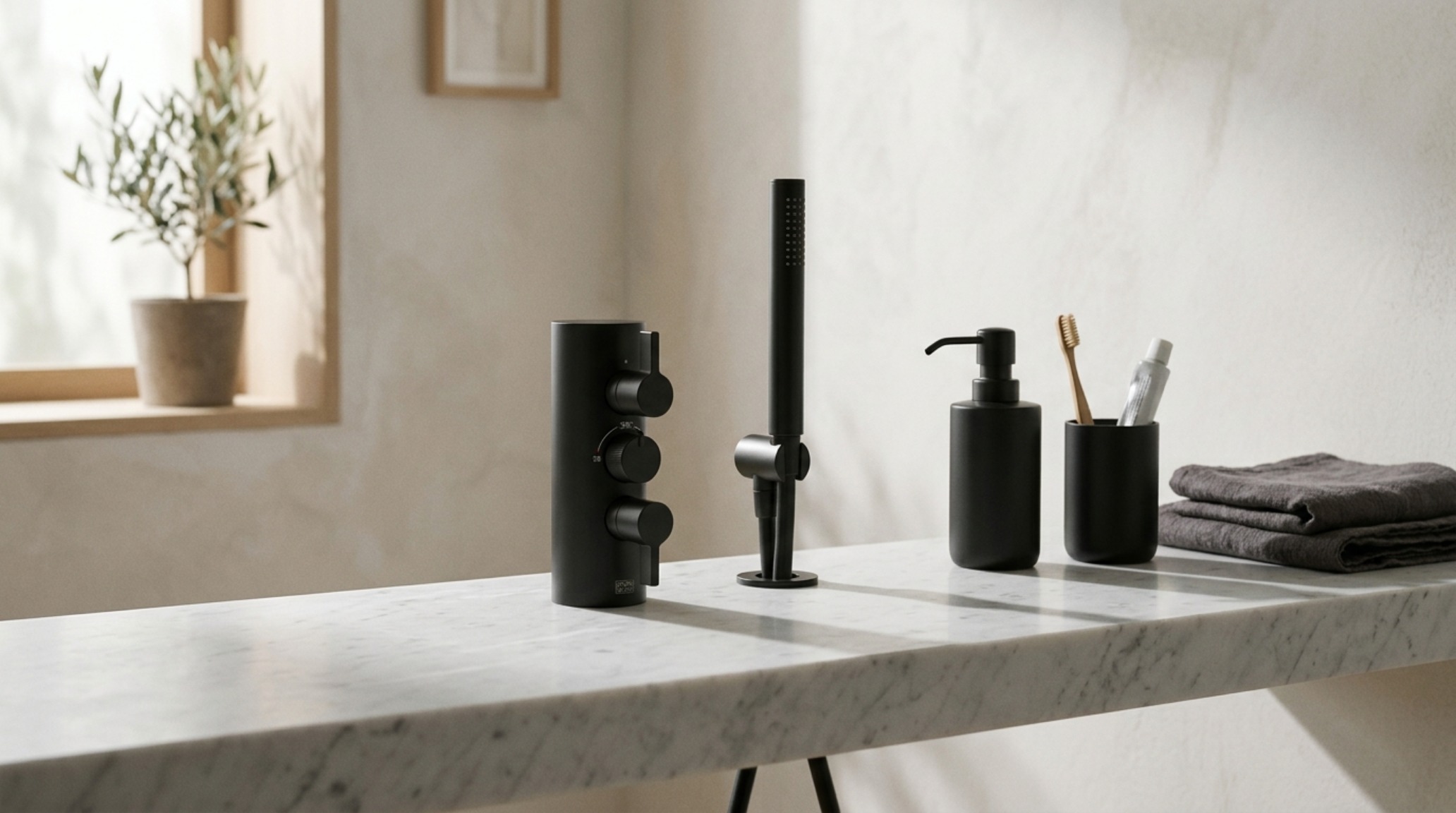 minimalist bathroom fixtures including a hand spray and thermostat in matte black finish against a backdrop of neutral stone. minimalist bathroom fixtures including a hand spray and thermostat in matte black finish against a backdrop of neutral stone.