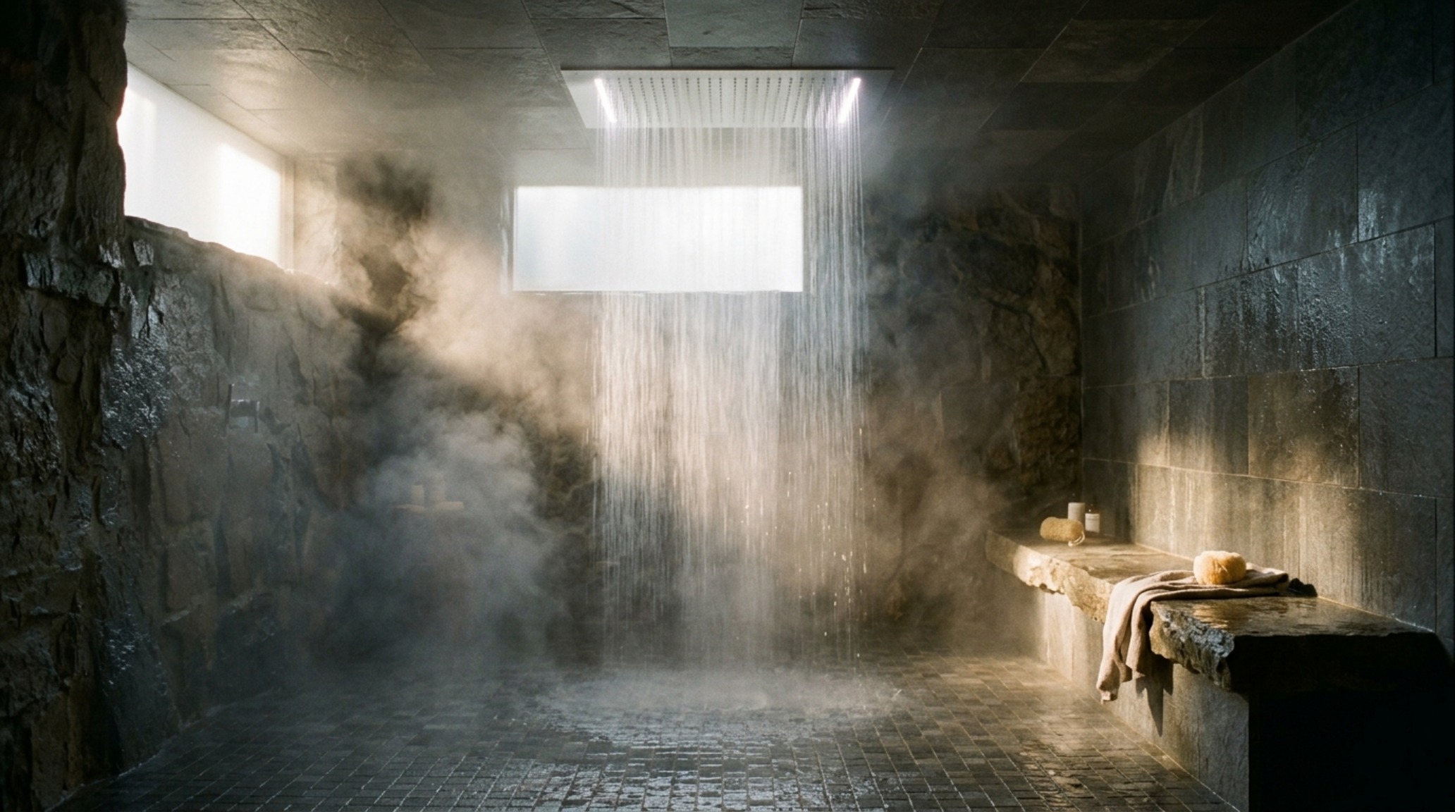 Dornbracht Serenity Sky installation during a warm vapor sequence with dramatic shadow play and high CRI lighting. Dornbracht Serenity Sky installation during a warm vapor sequence with dramatic shadow play and high CRI lighting.