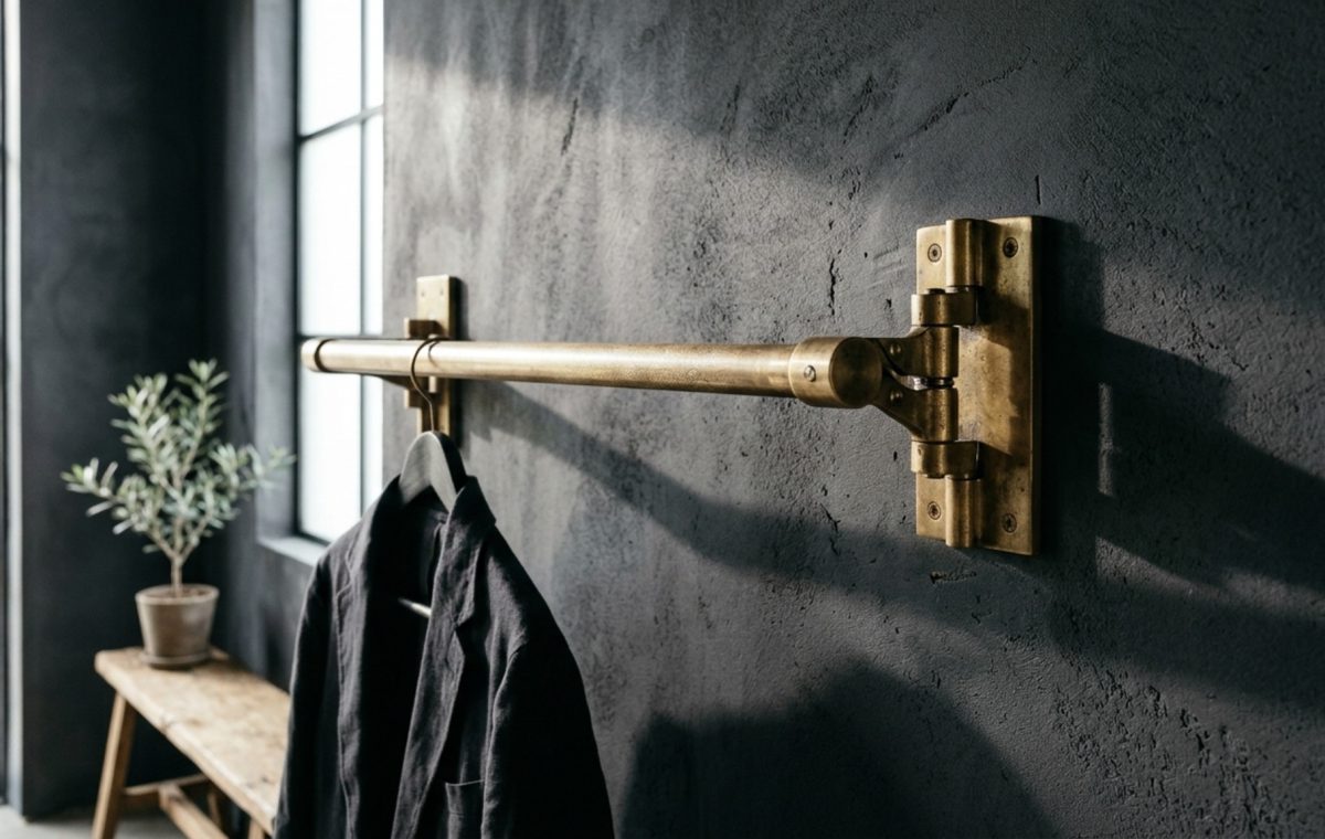 retractable garment rod in hand-rubbed brass mounted on a Slate Charcoal wall with dramatic directional lighting