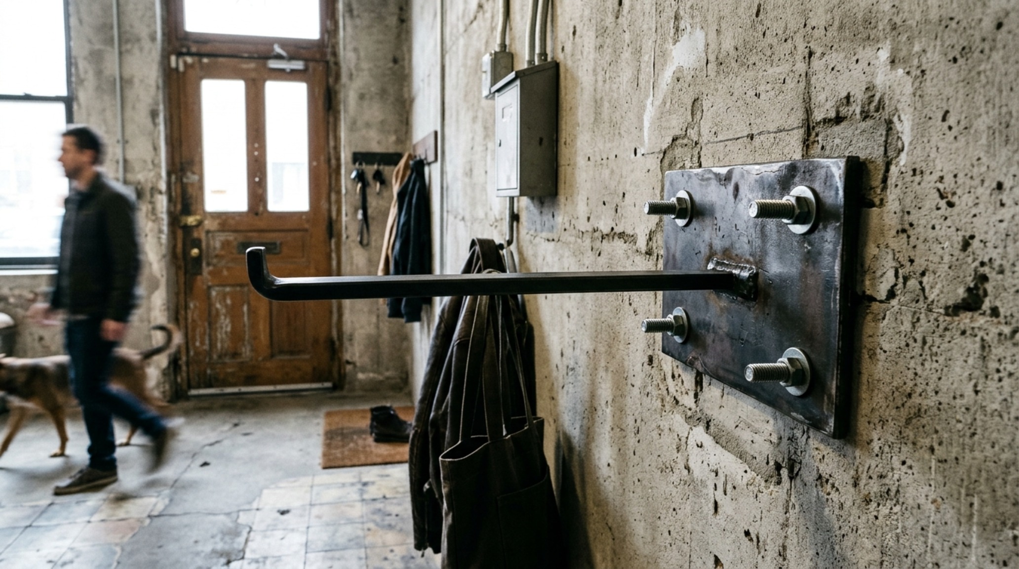 heavy-duty wall mounted clothes rack in an industrial-style entryway with high CRI 90+ task lighting