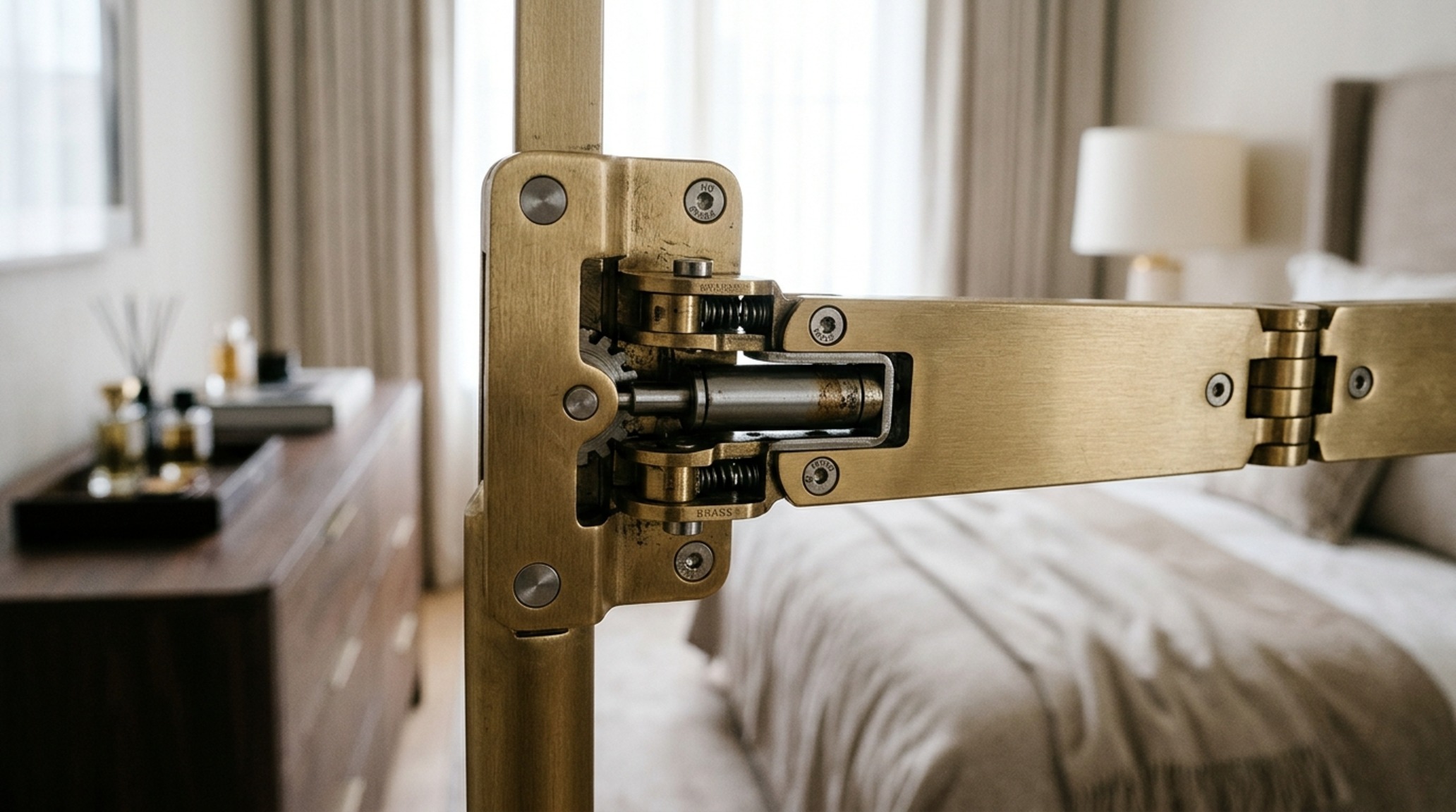 collapsible clothing arm with a soft-close hinge mechanism in a minimalist studio apartment