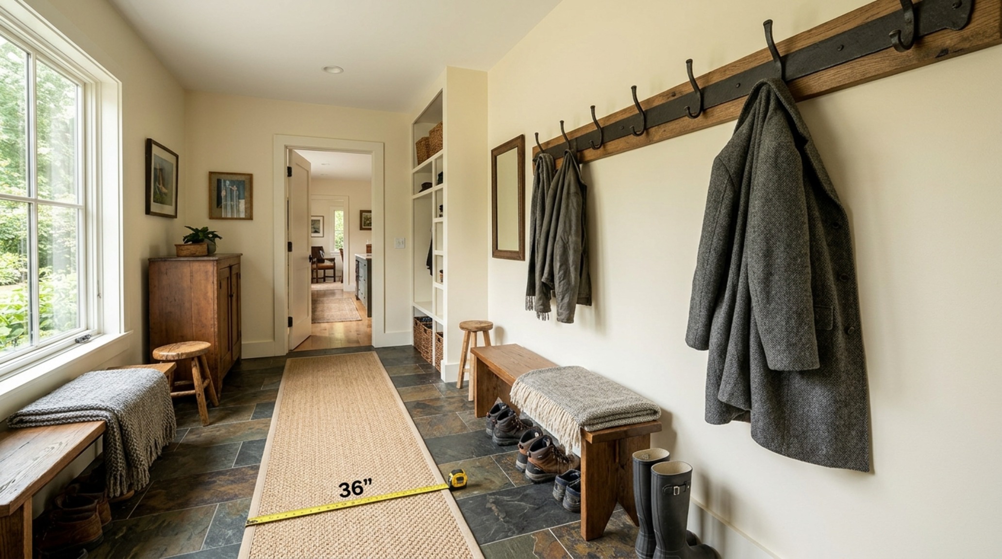 heavy-duty wall mounted clothes rack supporting a heavy wool coat in a mudroom finished in Benjamin Moore Swiss Coffee