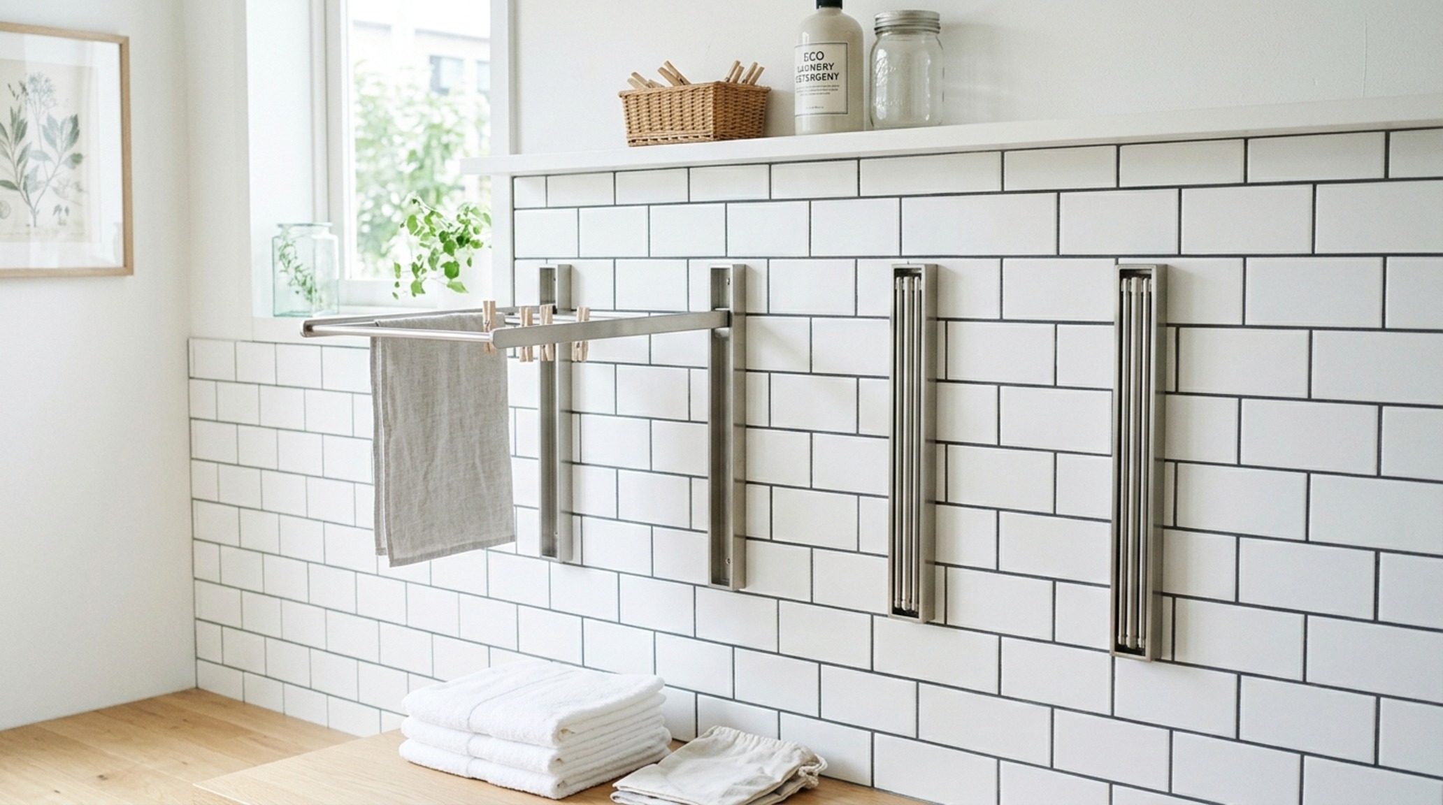 compact laundry drying solutions featuring sleek collapsible arms against a fluted marble tile backsplash
