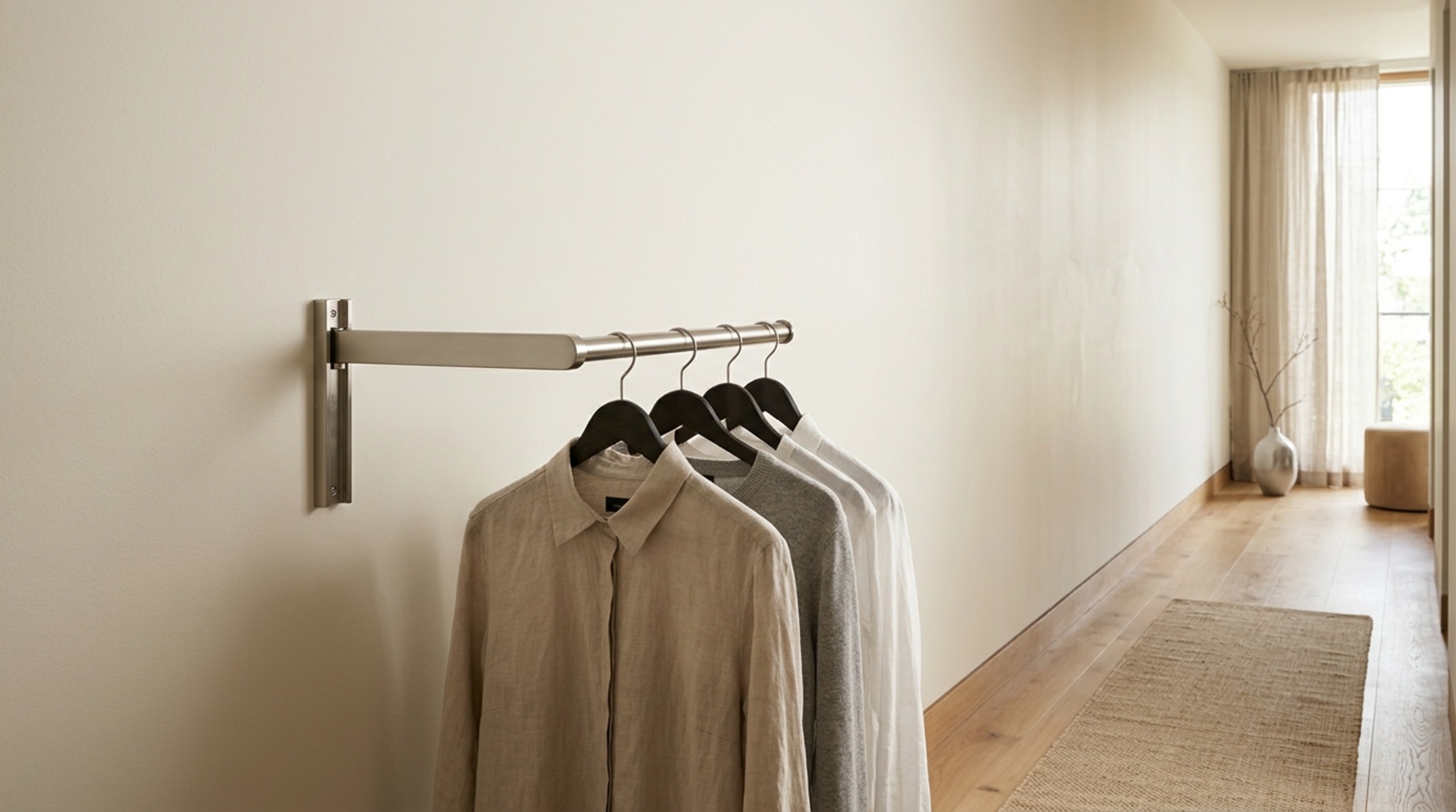 collapsible clothing arm in a narrow hallway with 2700K ambient lighting and soft shadow play