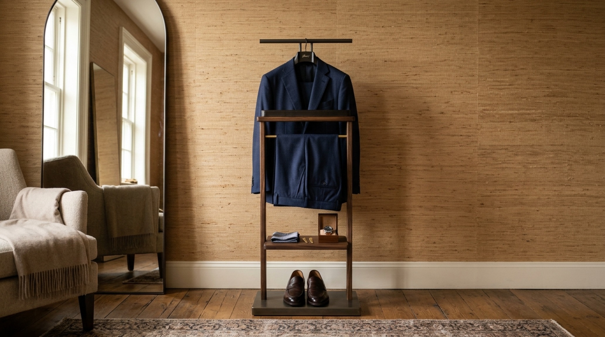 minimalist valet bar positioned at 66 inches high for staging evening wear against a tactile wallpaper backdrop