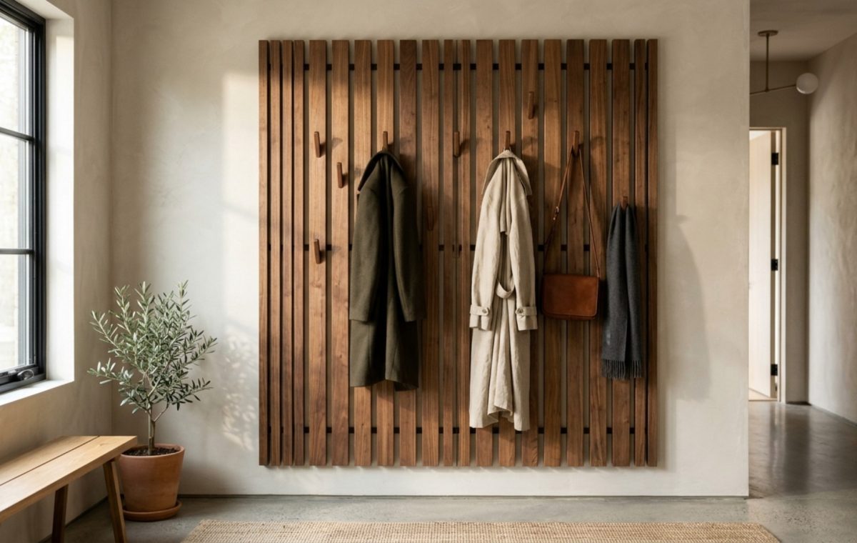 minimalist wood slat coat rack design in a sun-drenched modern entryway featuring vertical American Walnut slats and hidden mounting hardware