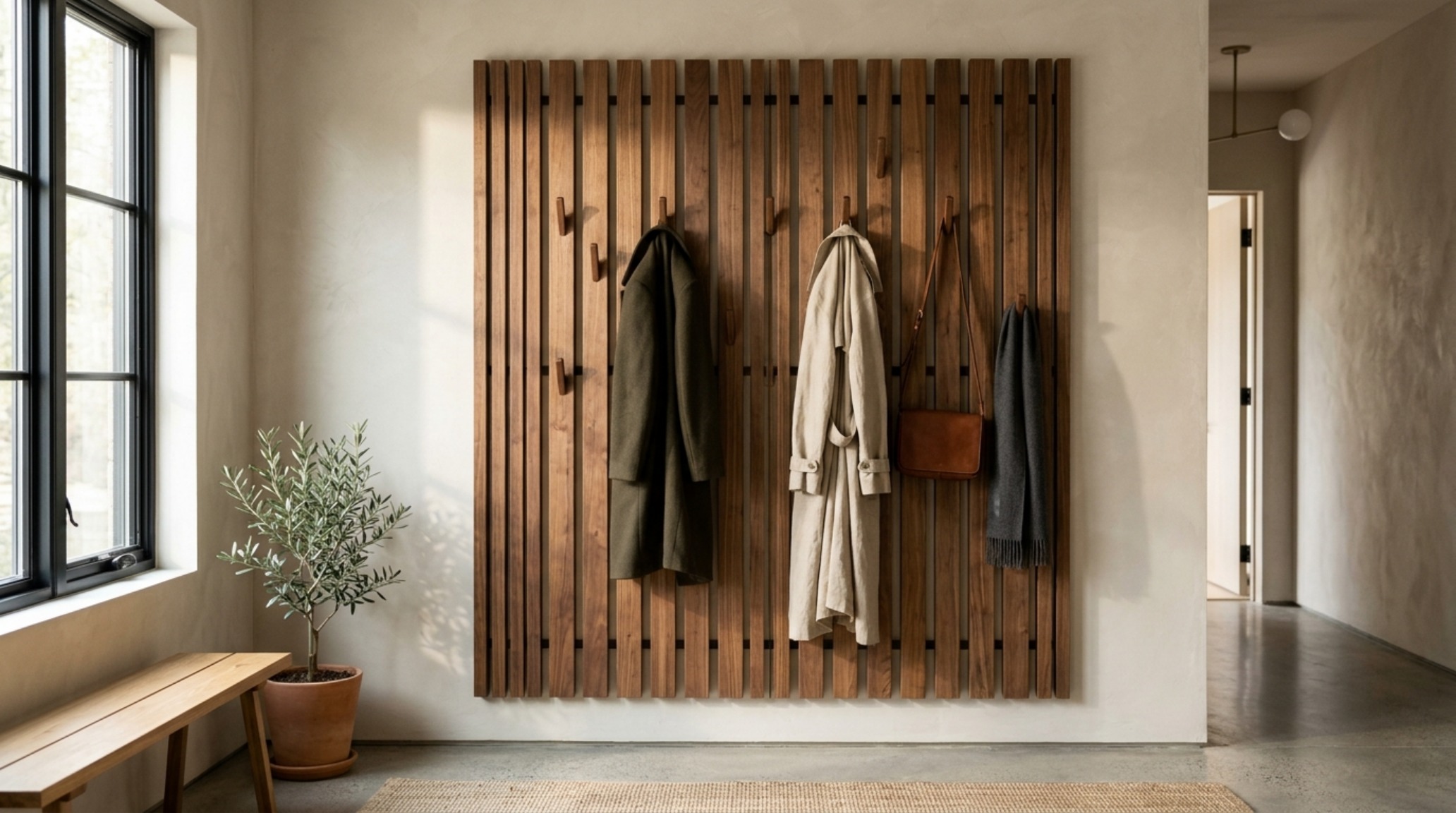 minimalist wood slat coat rack design in a sun-drenched modern entryway featuring vertical American Walnut slats and hidden mounting hardware minimalist wood slat coat rack design in a sun-drenched modern entryway featuring vertical American Walnut slats and hidden mounting hardware
