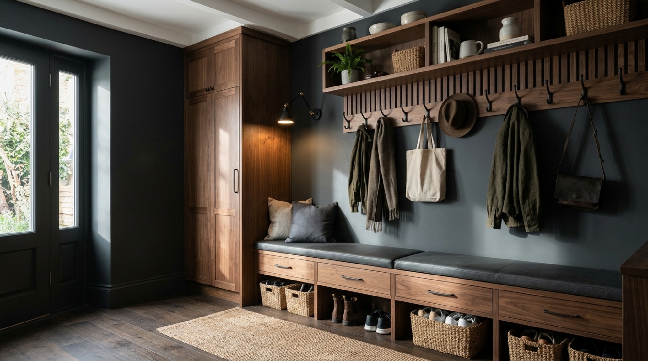 space-saving mudroom organization ideas featuring a deep charcoal wall color with integrated walnut storage and a built-in floating bench space-saving mudroom organization ideas featuring a deep charcoal wall color with integrated walnut storage and a built-in floating bench