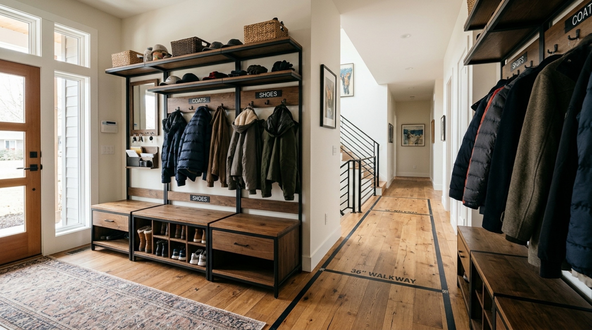 heavy duty entryway storage dimensions demonstrated by a wide-angle shot of a mudroom with 36-inch clearance and perfectly spaced 66-inch high hooks heavy duty entryway storage dimensions demonstrated by a wide-angle shot of a mudroom with 36-inch clearance and perfectly spaced 66-inch high hooks