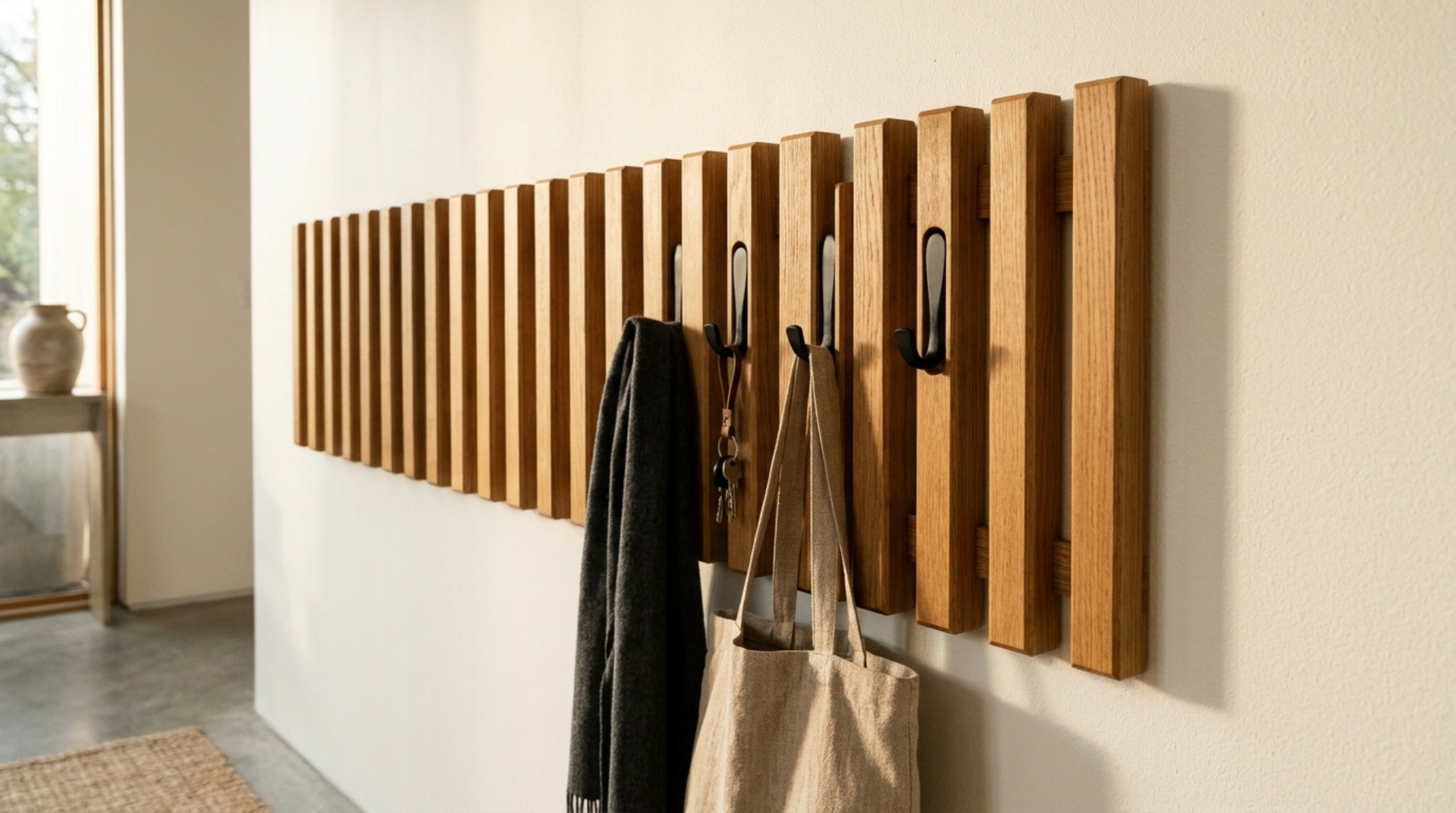 minimalist wood slat coat rack design highlighting the shadow play created by raking light across vertical fluted walnut panels minimalist wood slat coat rack design highlighting the shadow play created by raking light across vertical fluted walnut panels