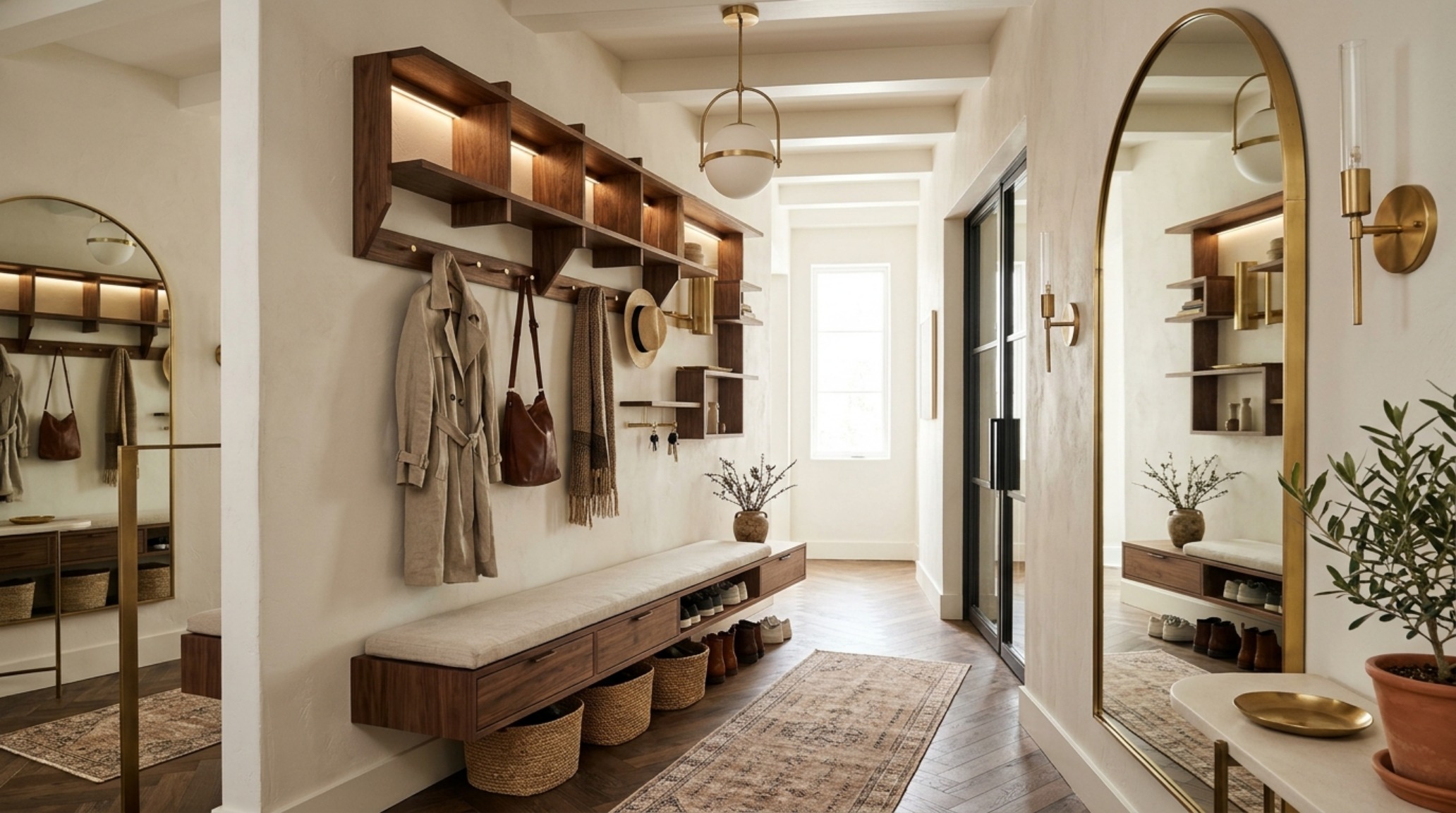 space-saving mudroom organization ideas utilizing a narrow corridor with high-end sculptural hooks and a wall-mounted brass mail catchall space-saving mudroom organization ideas utilizing a narrow corridor with high-end sculptural hooks and a wall-mounted brass mail catchall