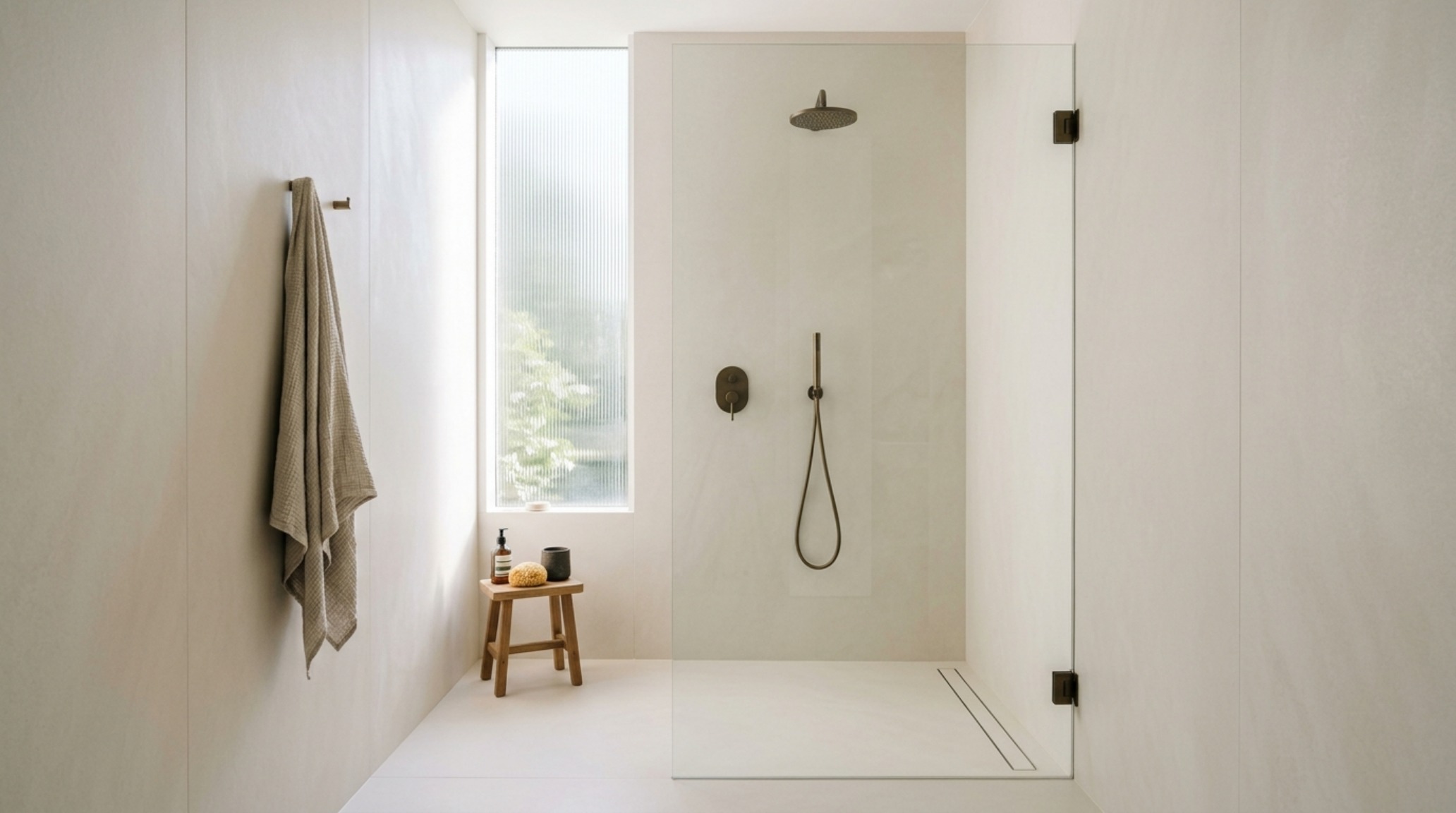 Large-format matte porcelain shower walls in a warm cream tone, illustrating the modern shift as the white subway tile trend over decor ideas evolves into seamless slab design with zero grout lines.