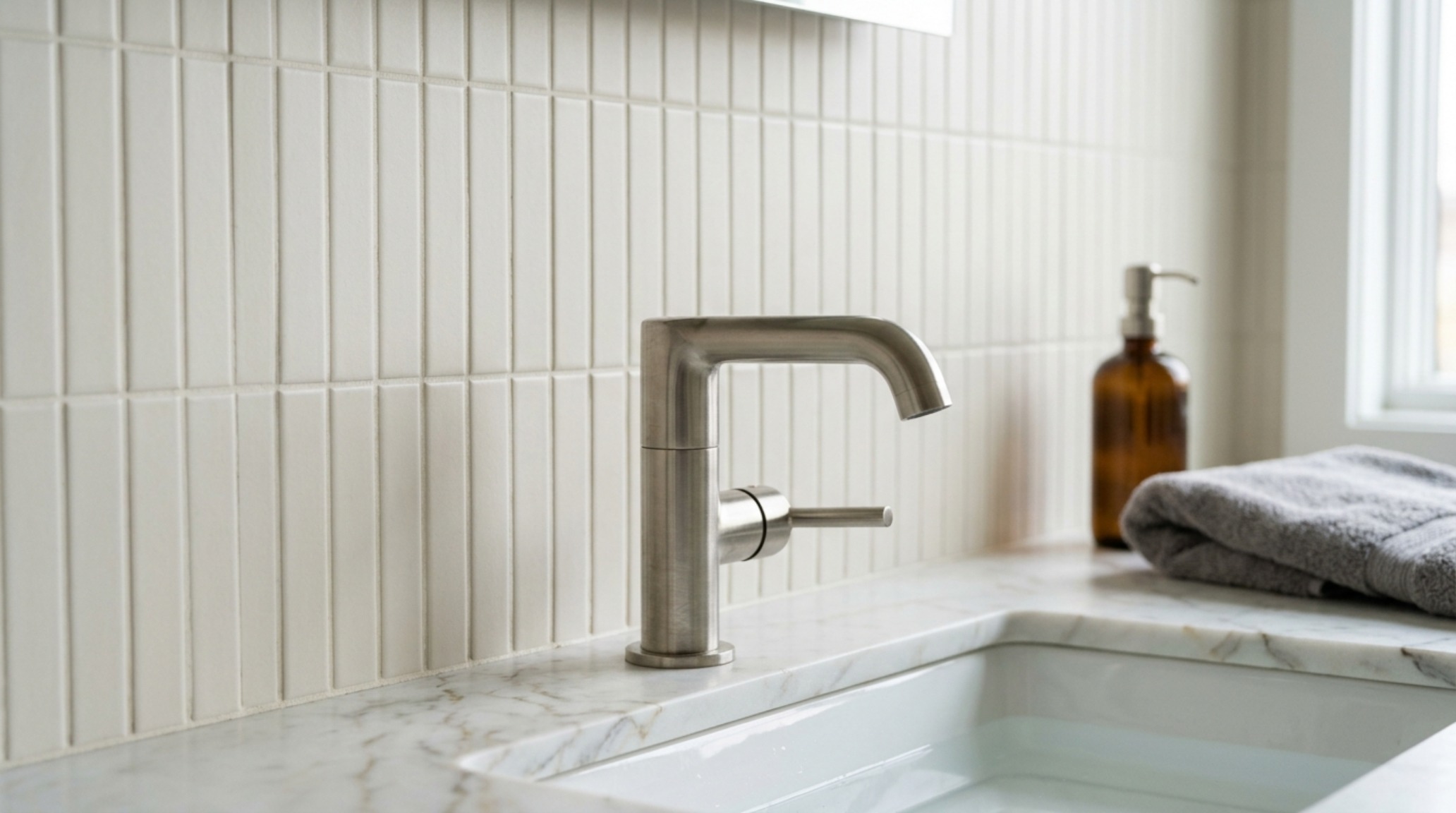 Close-up of kit-kat tiles in a vertical stack layout with color-matched grout, illustrating vertical stacked tile layout inspiration for modern renovations.