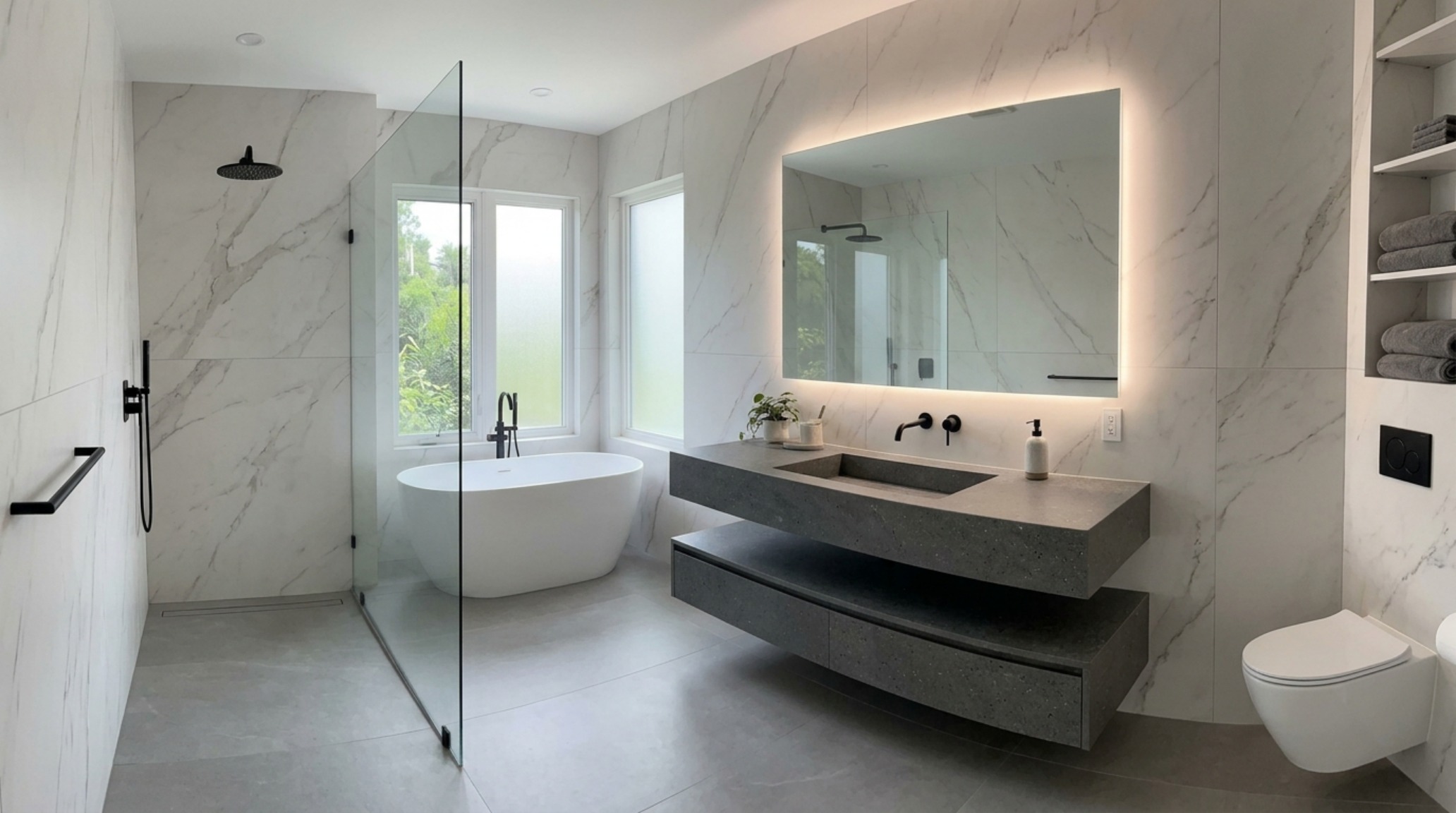 Modern bathroom vanity with a thick-edged stone countertop and a seamless backsplash, following the organic modern bathroom renovation 2025 trends.