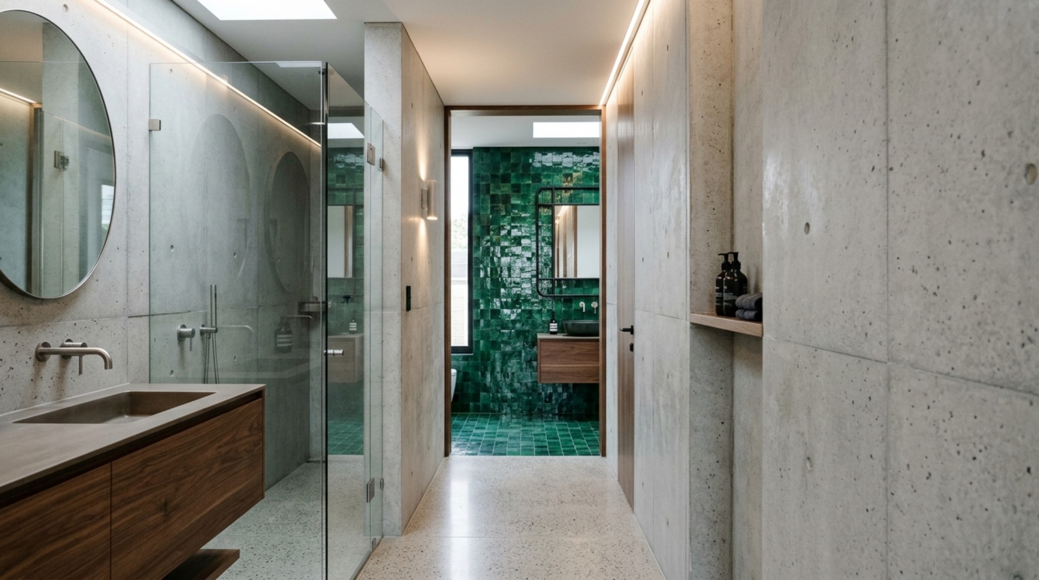 Dramatic shadow play on a textured plaster wall next to a slab shower, reflecting the sophisticated evolution of the white subway tile trend over decor ideas.