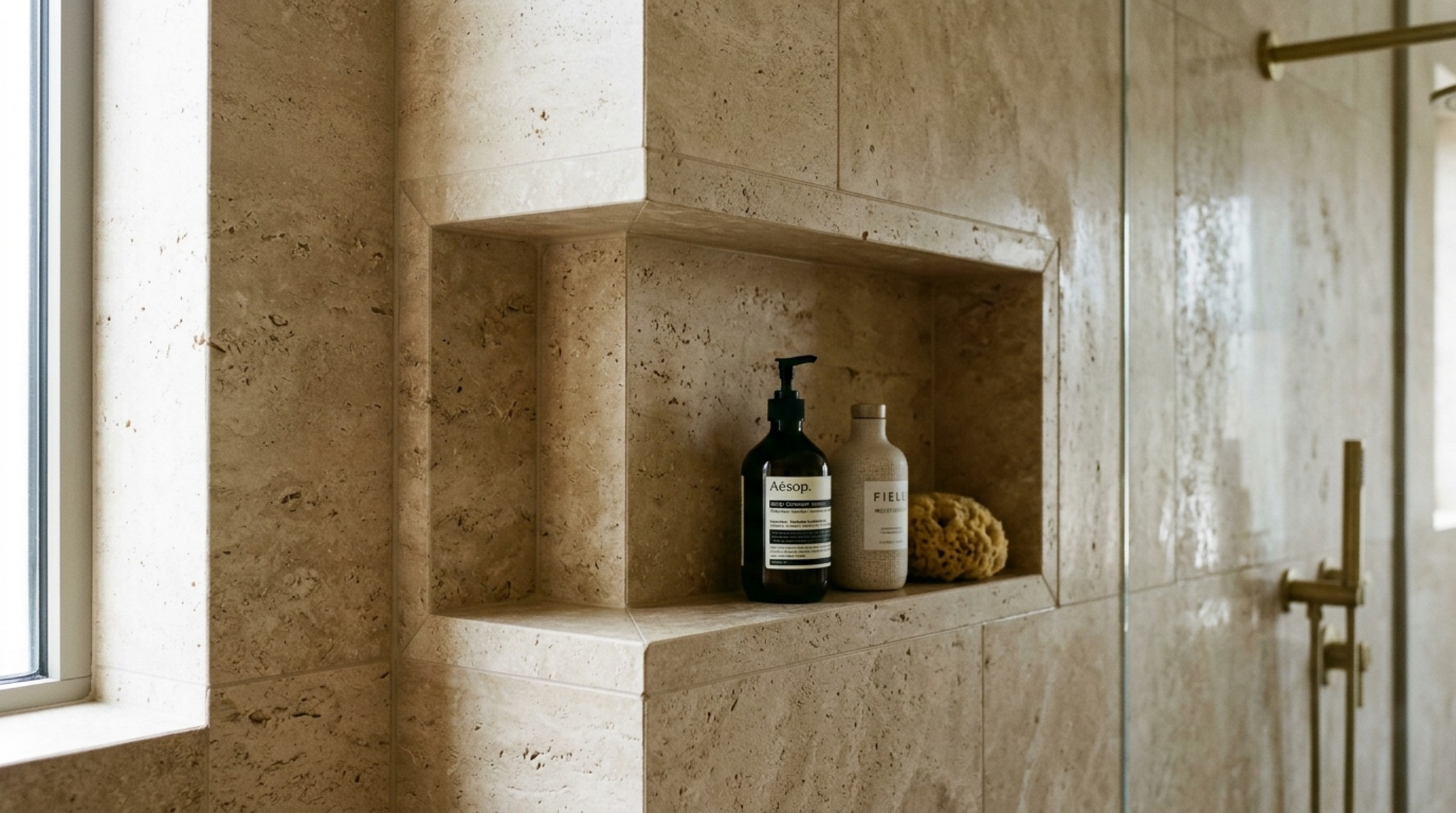 Close-up of a perfectly mitered integrated stone niche in a primary bath, showcasing quiet luxury interior design and artisanal craftsmanship in a slab-clad shower.