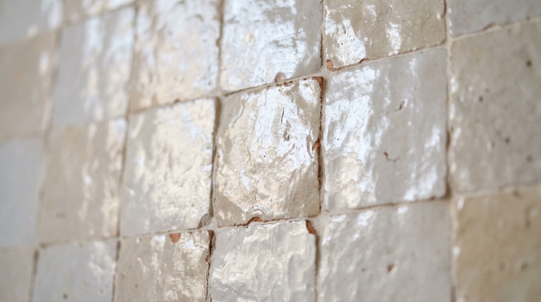 Authentic white Zellige tile backsplash with varied textures and hand-hewn edges, a tactile alternative to the traditional white subway tile trend over decor ideas.