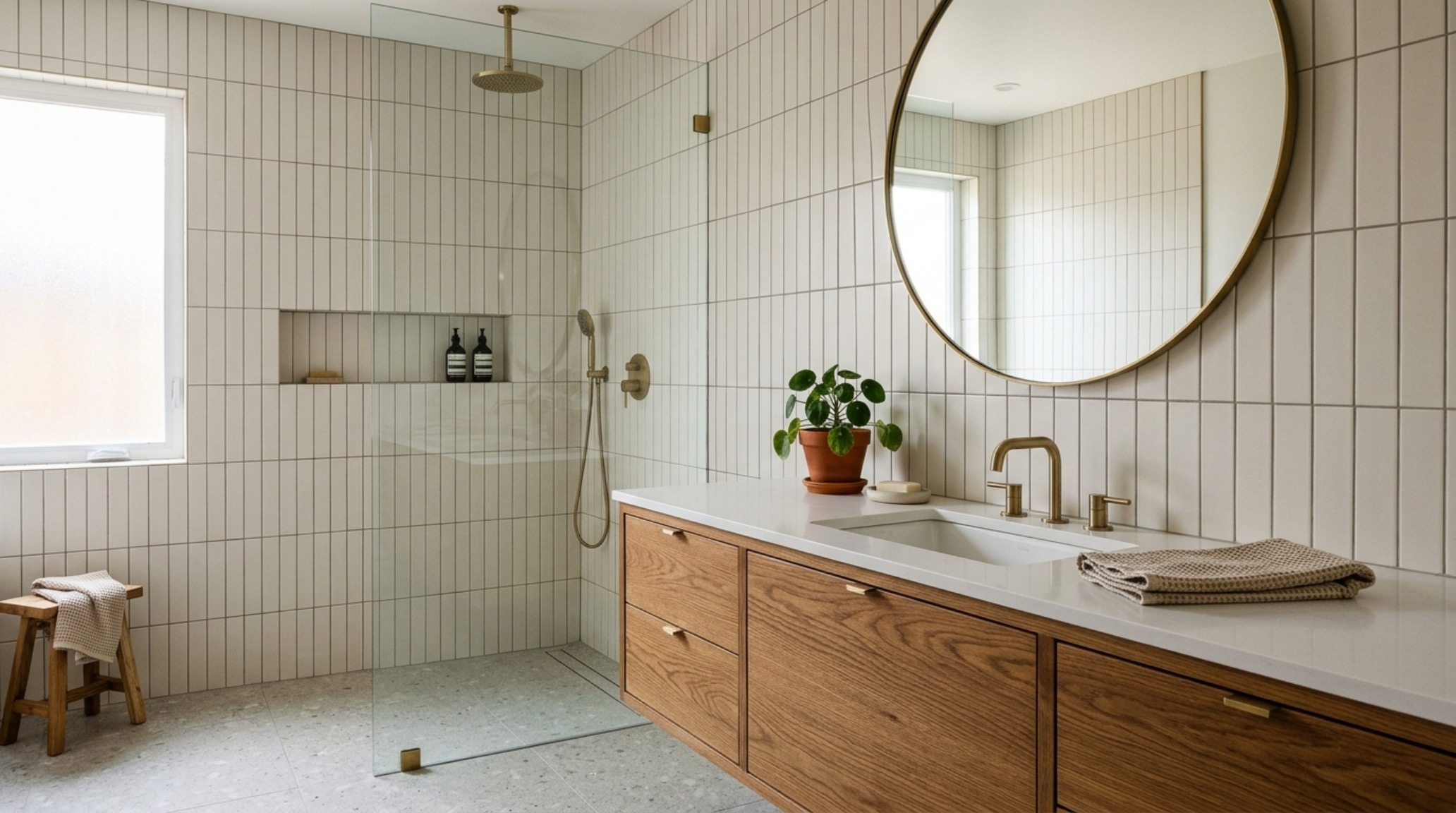 Vertical stacked white oak cabinetry paired with vertical stacked slim ceramic tiles, highlighting spatial cadence and modern bathroom tile trends for 2025.