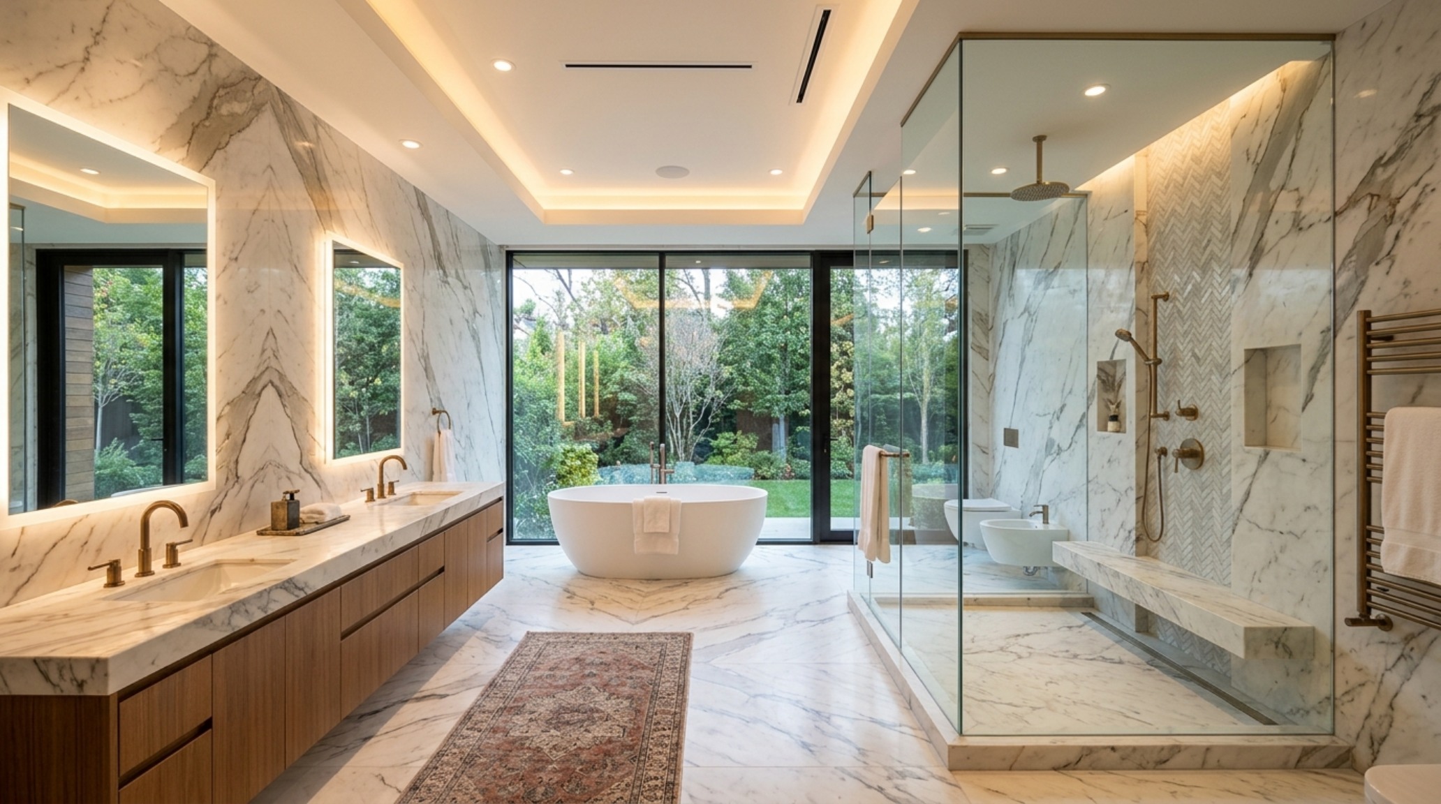 A bright, airy bathroom featuring floor-to-ceiling marble slabs and a 36-inch clear walkway, illustrating biophilic bathroom materials and high-end architectural clearances.