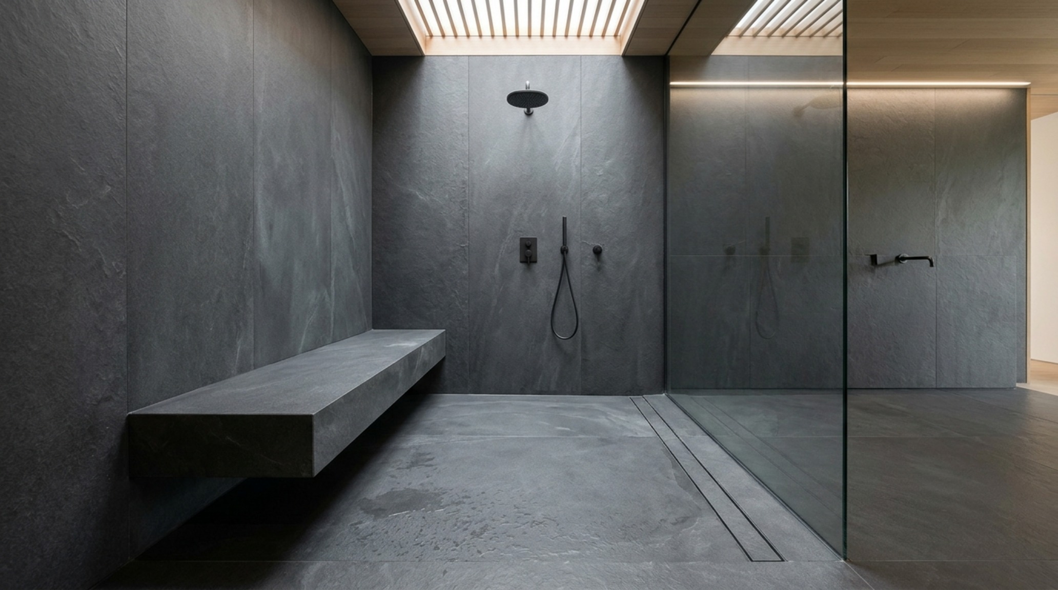 Wide-angle shot of a minimalist wet room with a monolithic stone bench and slab walls, demonstrating the 'Grout-Free' movement in high-end residential architecture.