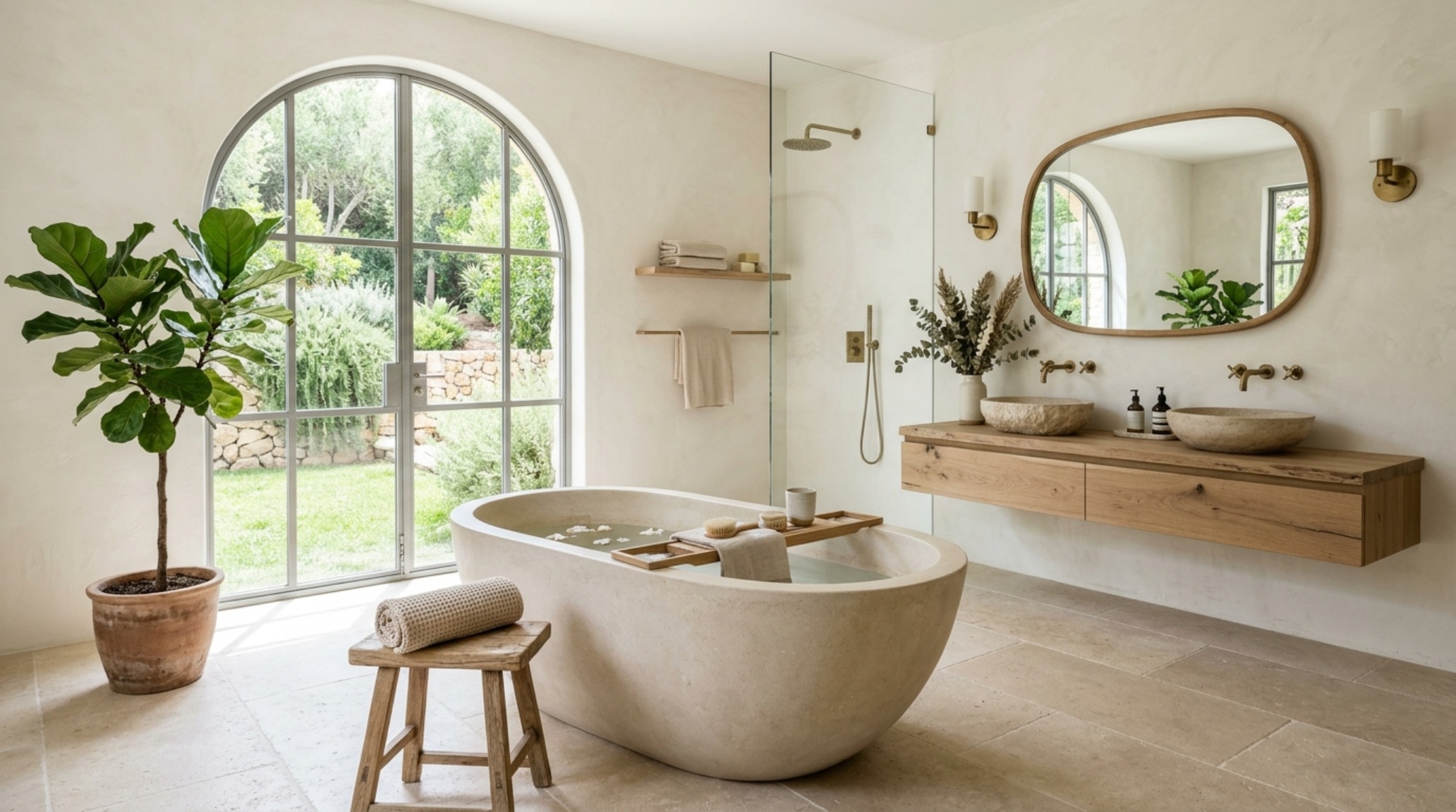 A curated bathroom palette featuring Benjamin Moore Swiss Coffee walls and fluted oak accents, embodying the cozy white subway tile trend over aesthetic.