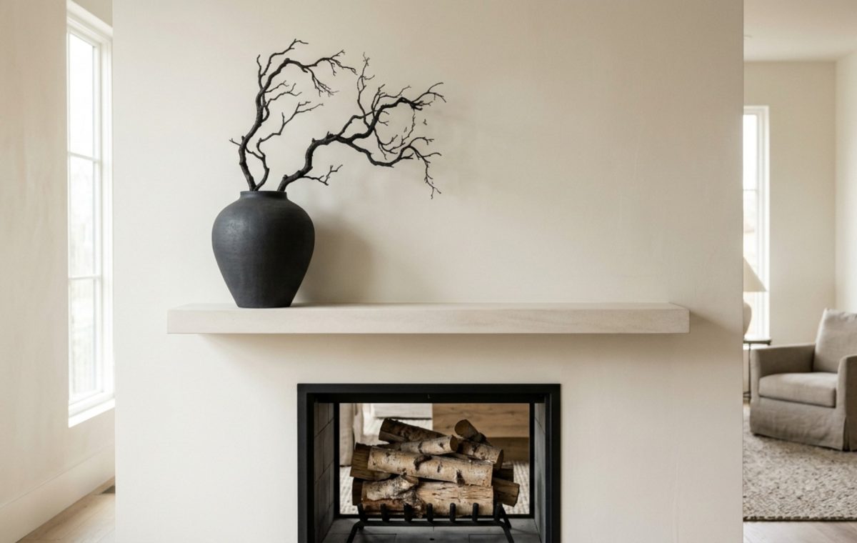 minimalist halloween mantel decor featuring a singular matte charcoal ceramic vessel and a sculptural charred branch against a Benjamin Moore Swiss Coffee wall